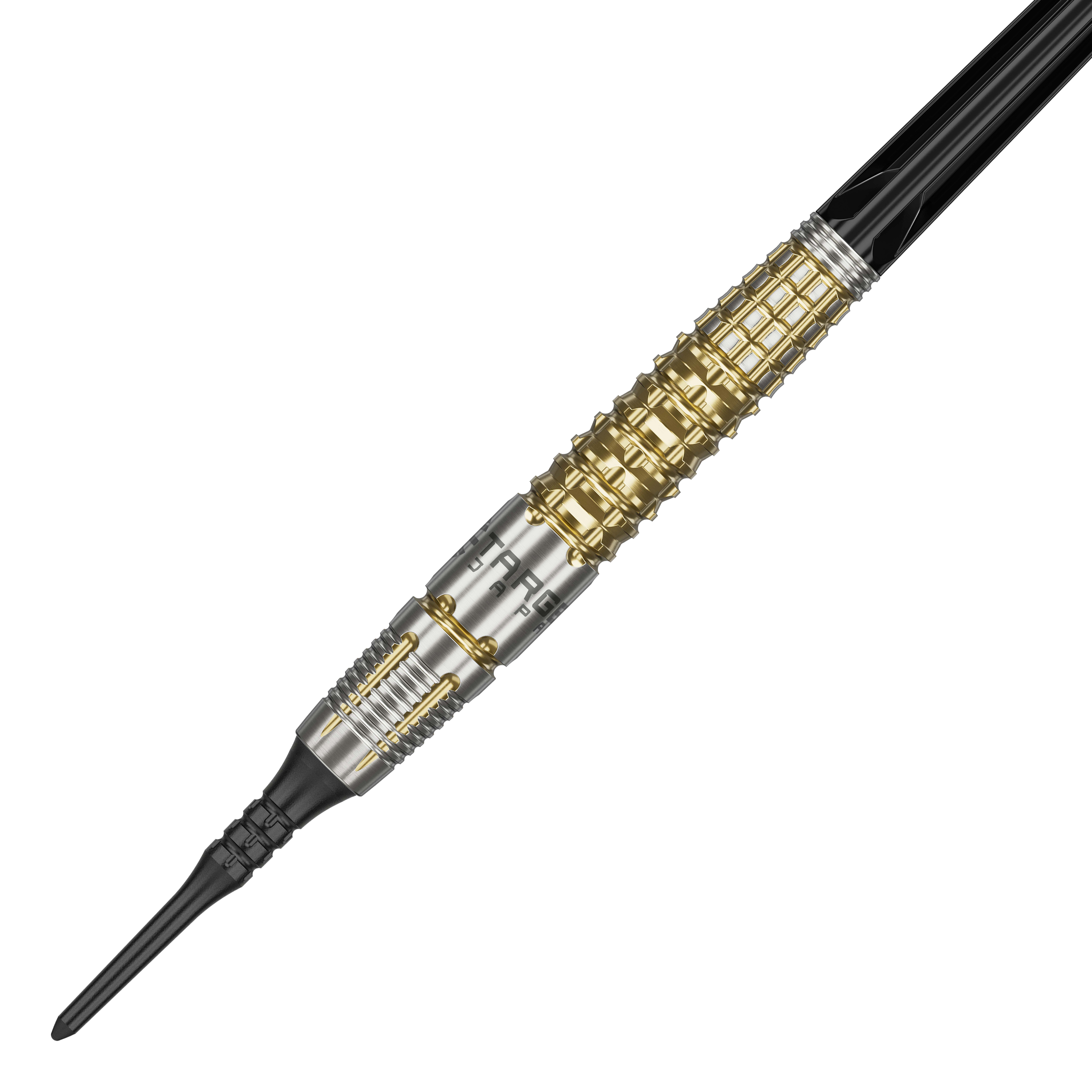 Das Bild zeigt einen Softdart namens "Target Japan Black Marque Warrior" mit einem Gewicht von 18,5g. Der Dart hat ein auffälliges Design mit goldenen und silbernen Elementen sowie einer schwarzen Spitze.