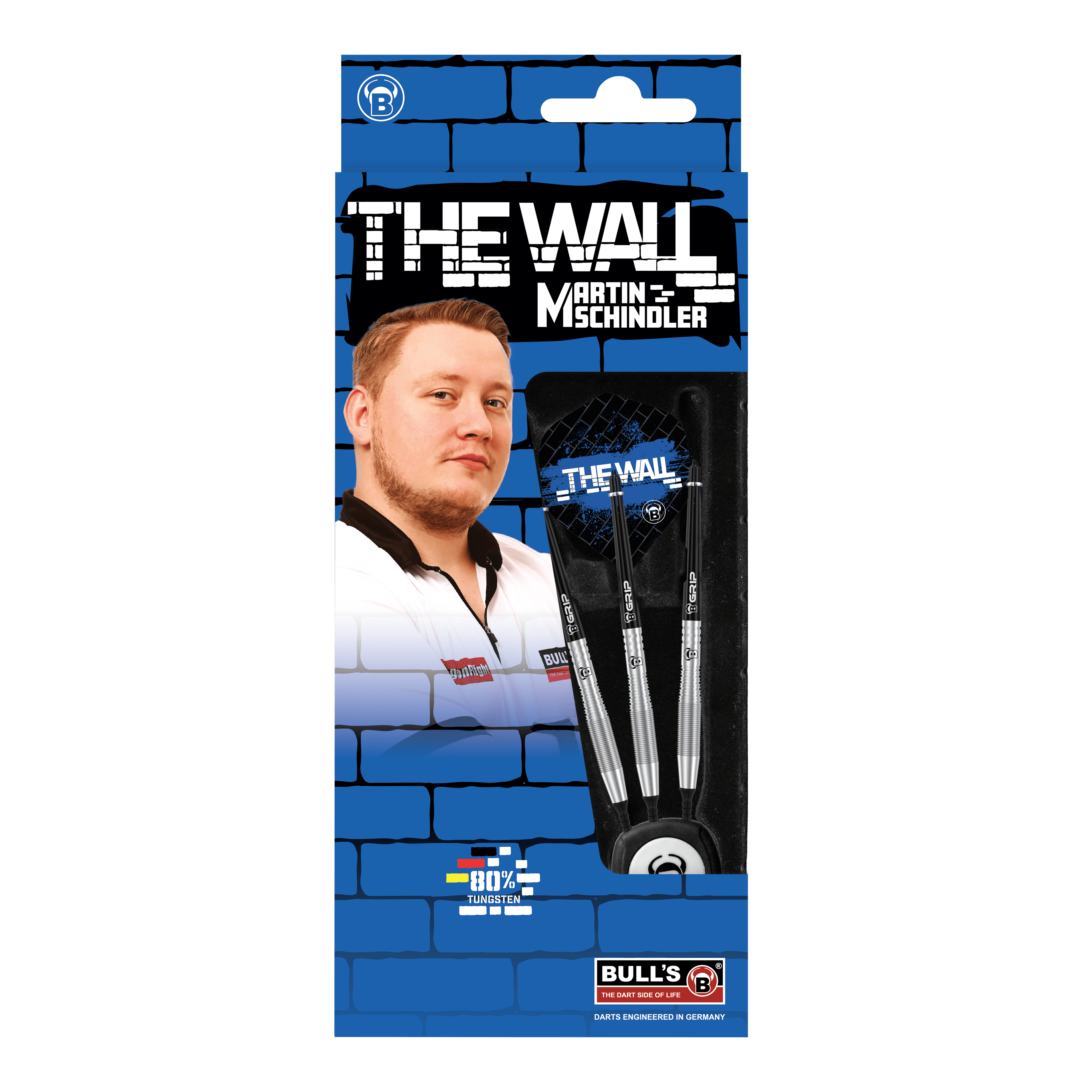 Bulls Martin Schindler TW80 soft darts - 18g Die Abbildung zeigt die Produktverpackung der "Bulls Martin Schindler TW80 Softdarts - 18g". Auf der Verpackung ist ein Bild von Martin Schindler sowie drei Softdarts und das Logo von BULL'S zu sehen.