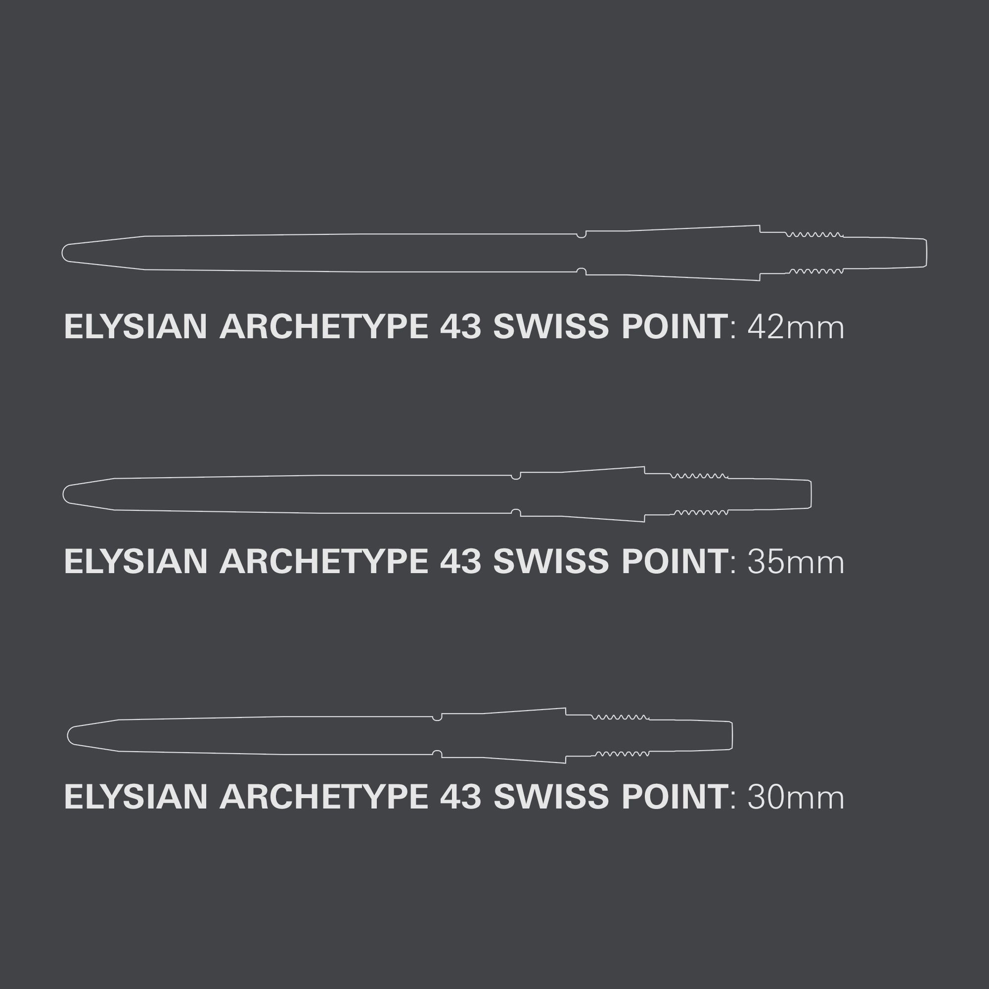 Target Elysian Archetype 43 Swiss Point Steeldartspitzen in Silber. Das Bild zeigt hochwertige Dartspitzen für Steel-Darts.