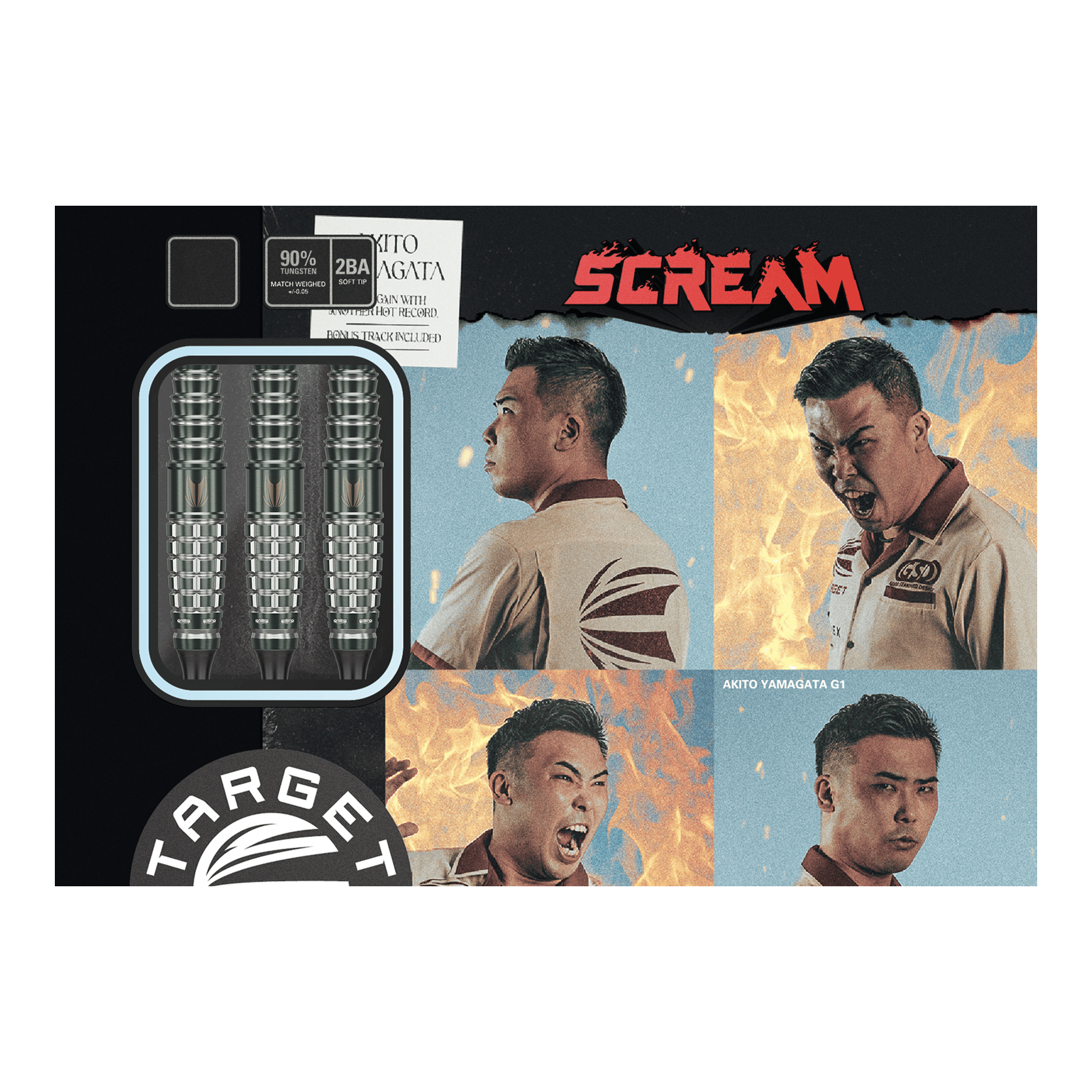 Target Japan Akito Yamagata Scream GEN1 Soft Darts - 19g Das Bild zeigt die Verpackung der Target Japan Akito Yamagata Scream GEN1 Softdarts - 19g. Auf der Verpackung sind drei Darts sowie vier ausdrucksstarke Porträtfotos einer Person zu sehen.