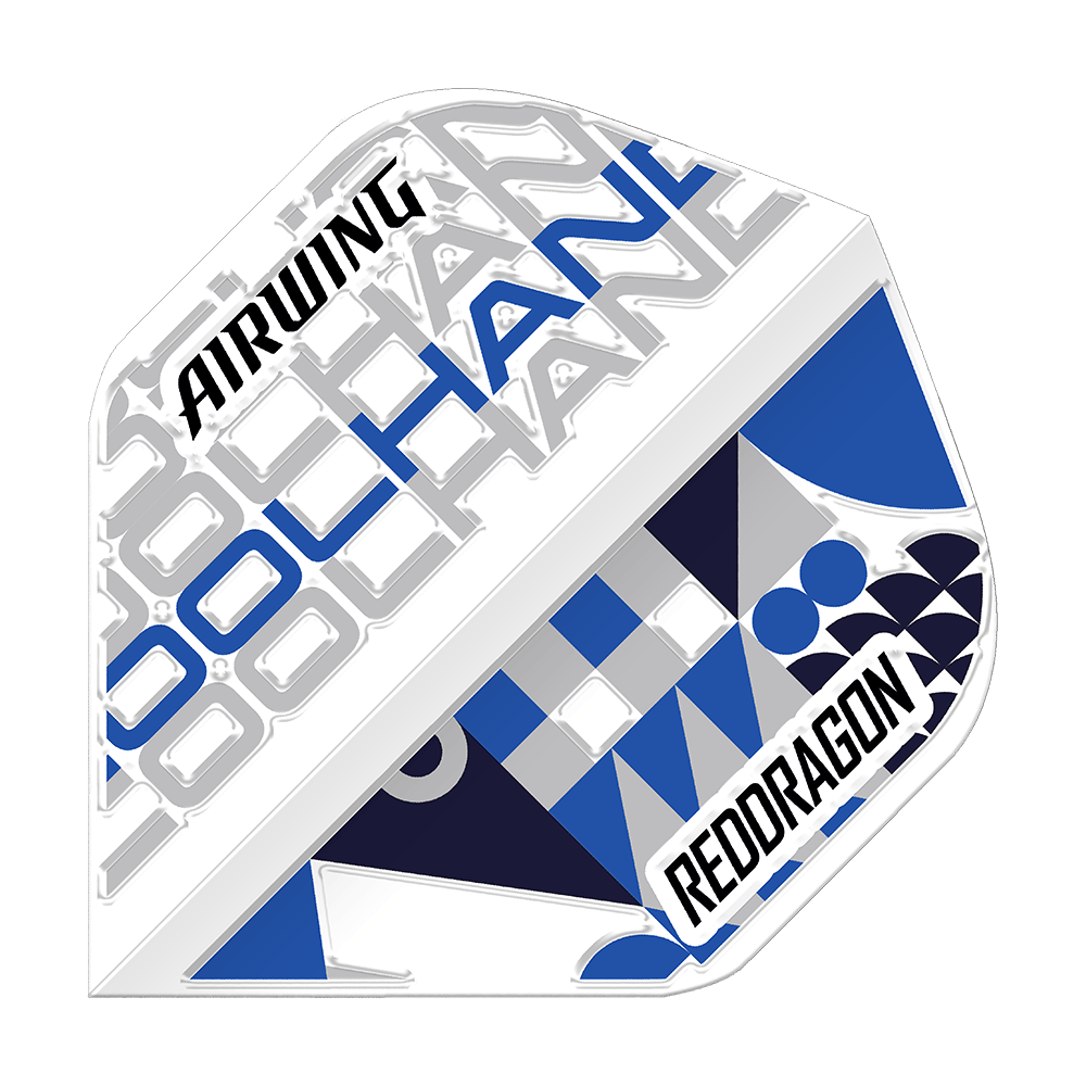 Red Dragon Airwing Luke Humphries White Standard Flights Das Bild zeigt das Produkt "Red Dragon Airwing Luke Humphries White Standard Flights". Das Flight ist überwiegend weiß mit blauen und schwarzen grafischen Elementen sowie der Aufschrift "AIRWING" und "REDDRAGON".