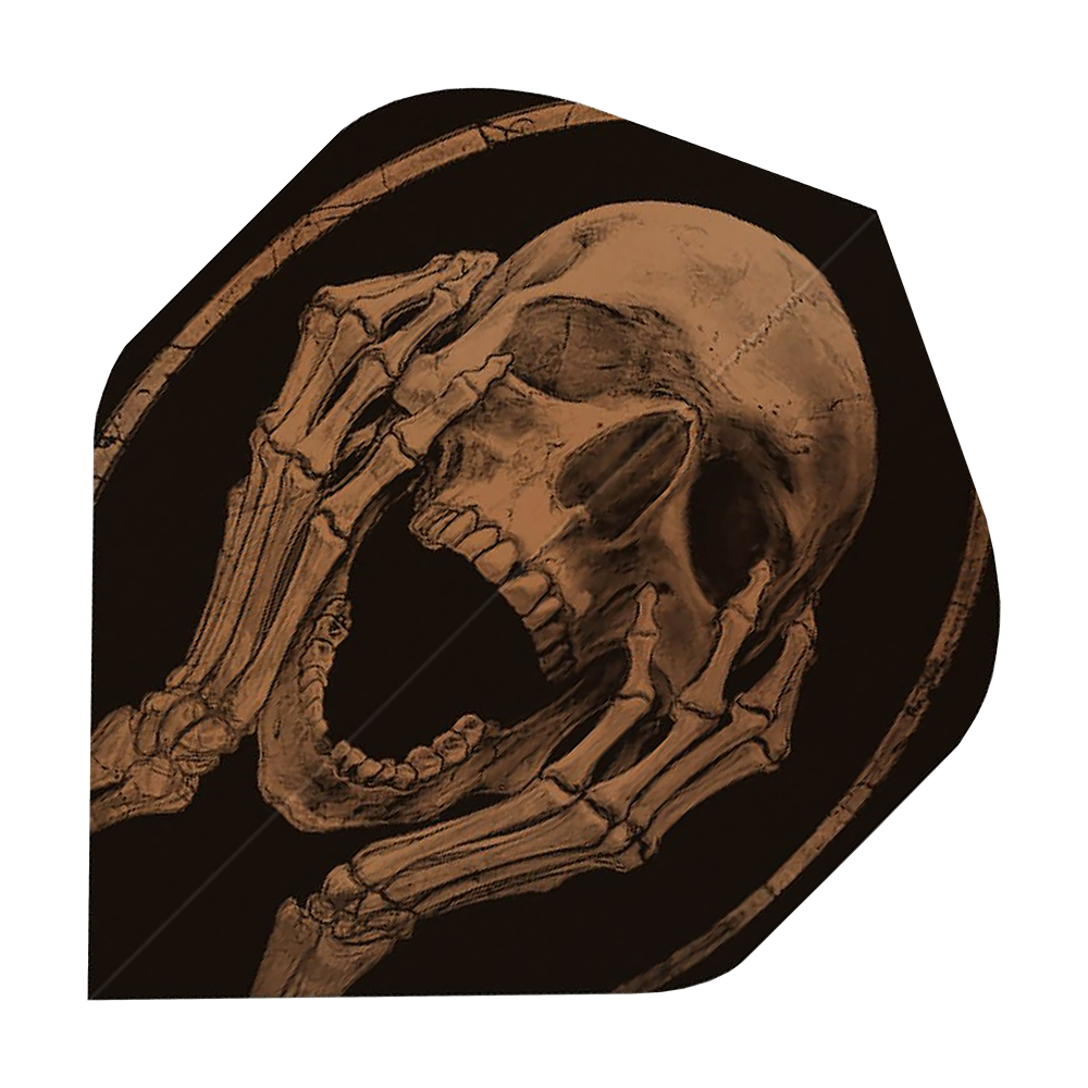 ALC19_Alchemy_The_Scream_Standard_Flights_1 Das Bild zeigt eine Dart-Flightscheibe mit dem Motiv eines schreienden Schädels. Die Grafik ist in dunklen Tönen gehalten und wirkt mystisch und eindrucksvoll.