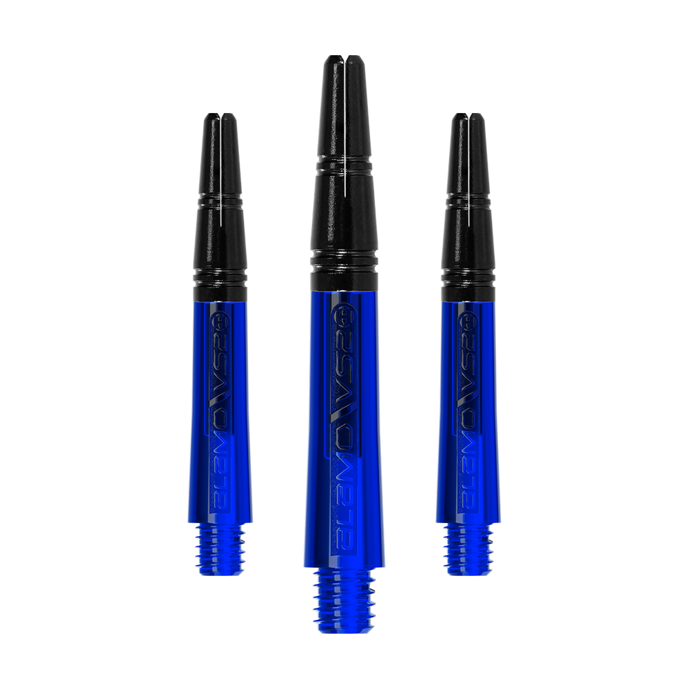 Harrow's Alamo VS2 Shafts - Blue Das Bild zeigt drei blaue Dartschäfte mit schwarzem oberen Teil. Sie sind nebeneinander angeordnet und haben ein glänzendes Design.