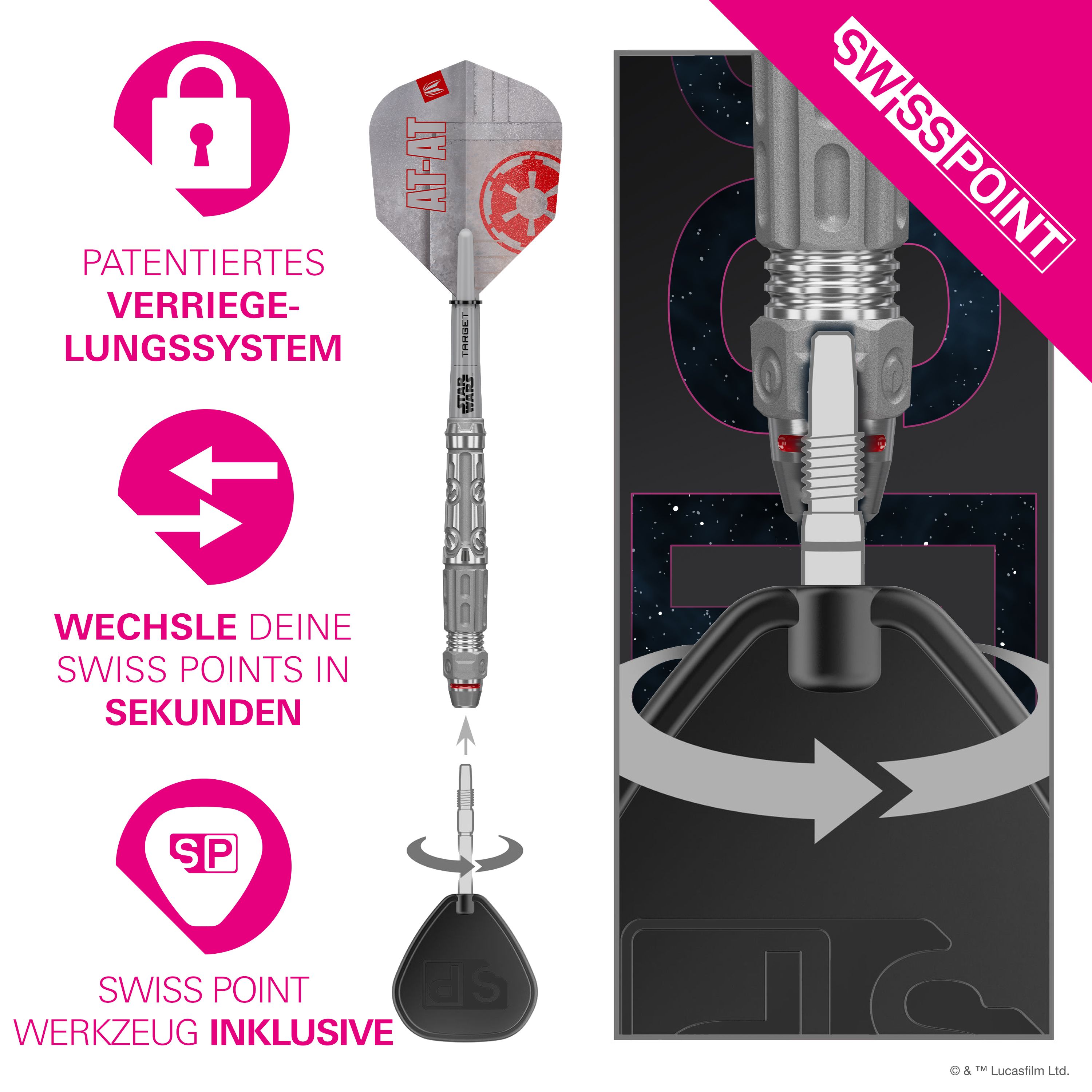Target Star Wars AT-AT Swiss Point steel darts Hier sind die Target Star Wars AT-AT Swiss Point Steeldarts abgebildet. Die Darts haben ein einzigartiges Design aus dem Star Wars Universum.