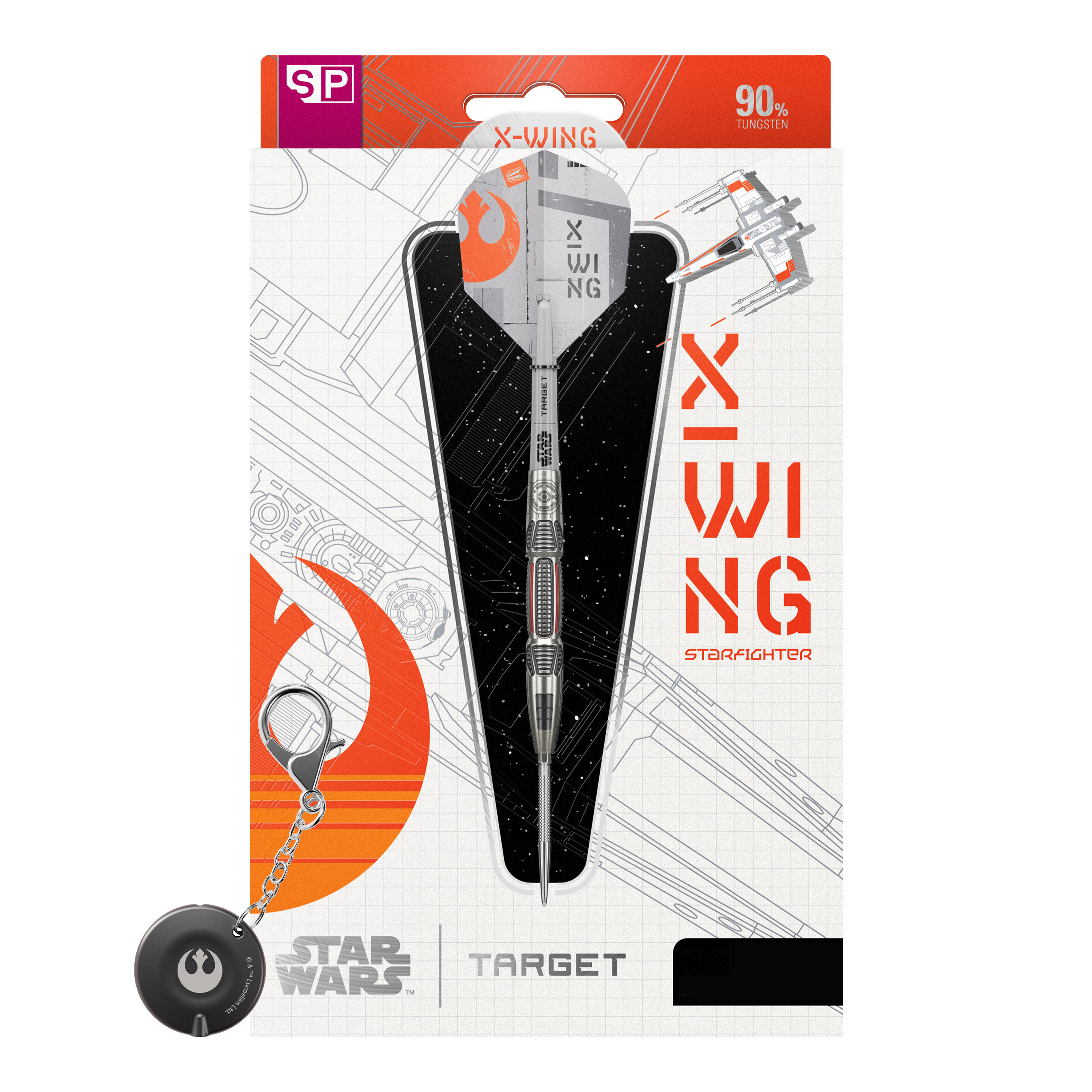Zu sehen ist das Produkt Target Star Wars X-Wing Swiss Point Steeldarts. Diese Steeldarts sind inspiriert von dem berühmten X-Wing aus Star Wars.