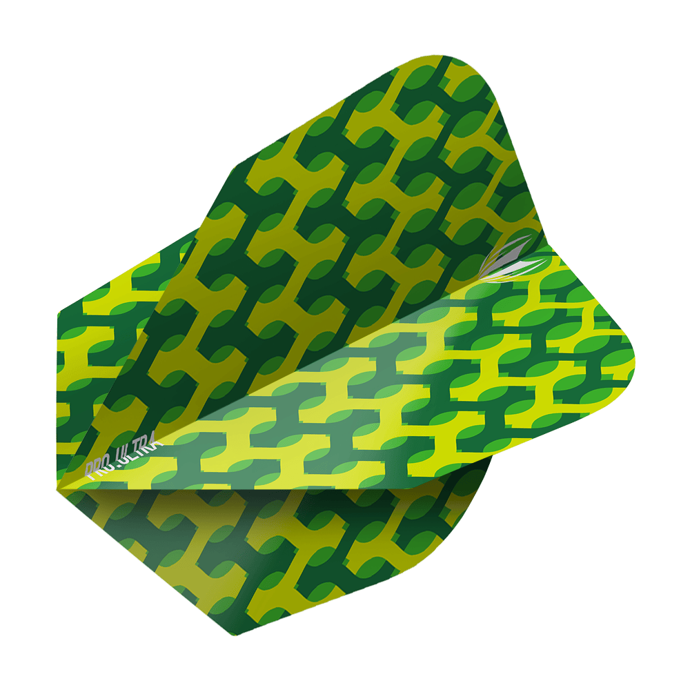 TG69_335230_Target_ProUltra_Fabric_Green_Ten-X_Flights_2 Das Bild zeigt das Produkt "Target ProUltra Fabric Green Ten-X Flights". Die Flügel haben ein grünes Muster mit gelben Akzenten und sind für Dartpfeile bestimmt.