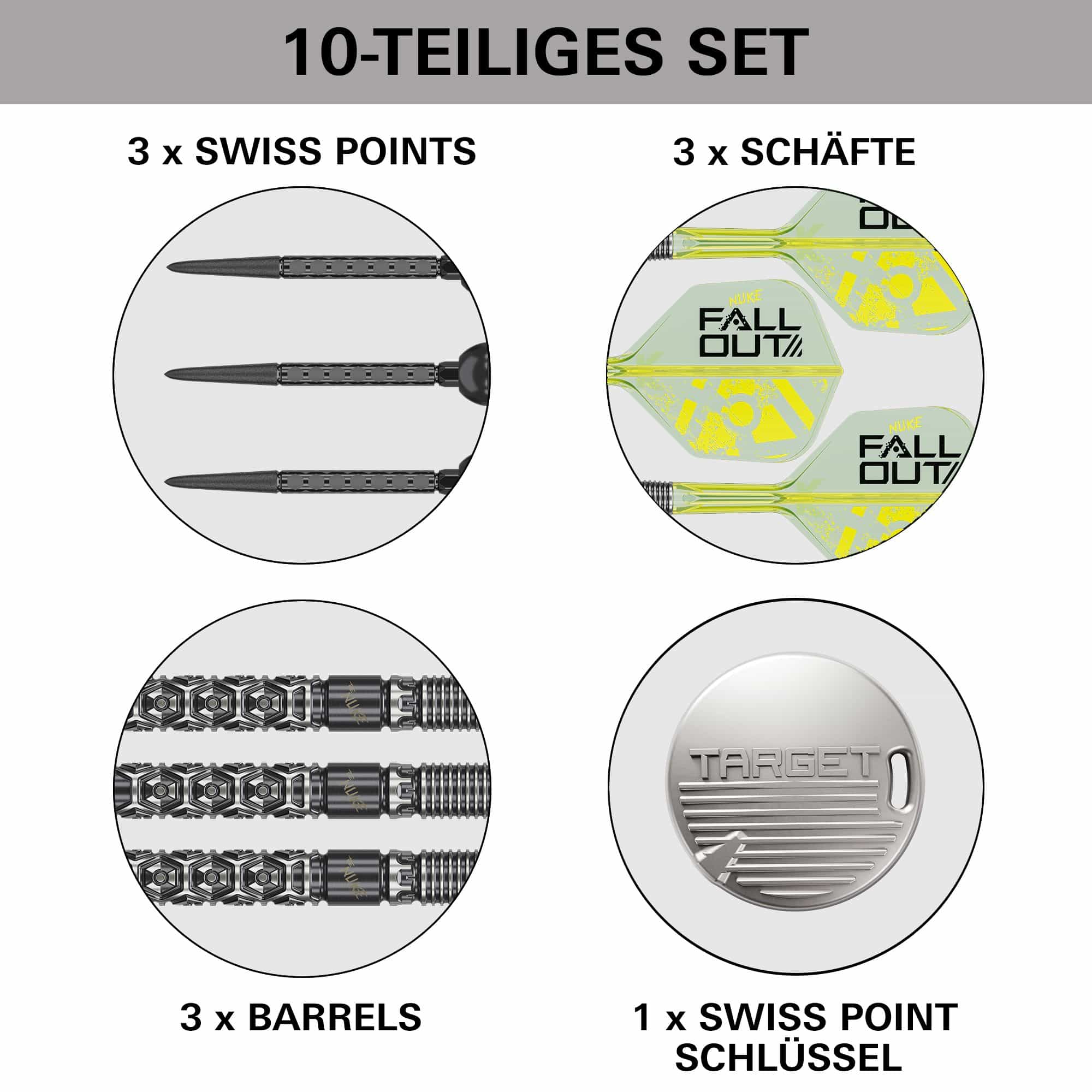 Target Luke Littler Nuke Fallout Swiss Points Steeldarts Dieses Bild zeigt die Target Luke Littler Nuke Fallout Swiss Points Steeldarts. Die Steeldarts sind für das Dartspiel konzipiert.
