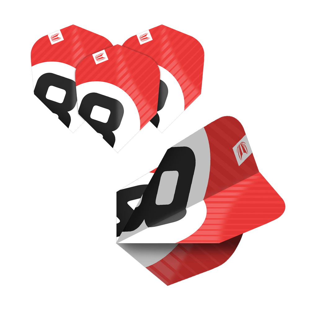 337206_Target_ProUltra_5Sets_Multipack_Chicane_Ten-X_Flights_3eBBUiaZxae2wc Das Bild zeigt fünf Sets der Target Pro Ultra Chicane Multipack Ten-X Dartflights. Die Flights sind rot, schwarz und weiß gestaltet und tragen eine auffällige Nummer 80.