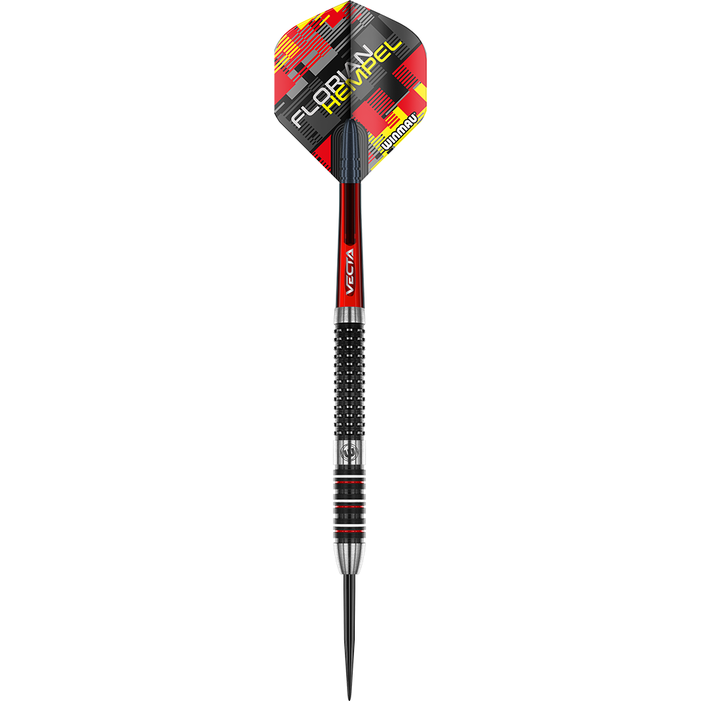 1491_Winmau_Florian_Hempel_Steeldarts_1G3YwsoP24rN5U Das Bild zeigt einen "Winmau Florian Hempel Steeldart". Der Dart ist schwarz, silber und rot gestaltet, und auf dem Flight steht der Name "Florian Hempel".
