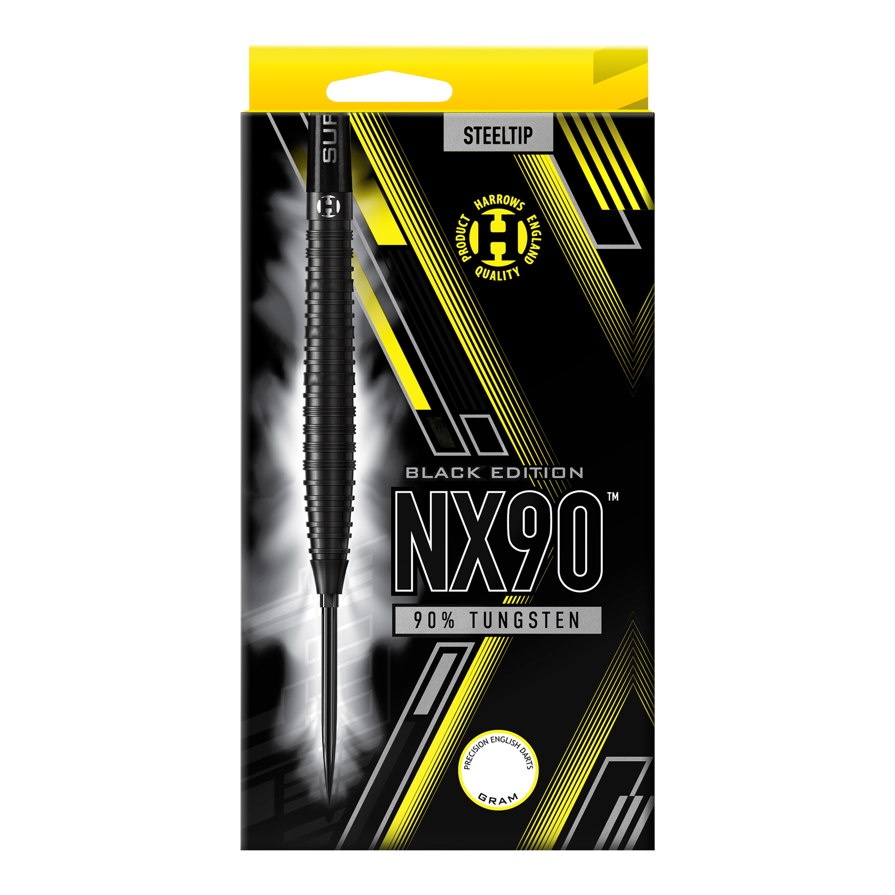 Die Abbildung zeigt die Harrows NX90 Black Edition Tapered Quick Point Steeldarts. Sie haben eine elegante, konische Silhouette und sind komplett schwarz.