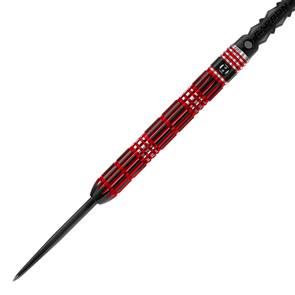 HA33577_Harrows_Red_Horizon_Steeldarts_2 Dies ist ein Steeldart mit einer schwarzen und roten Musterung am Griff. Die Spitze ist aus Metall und der Griff hat ein geripptes Design für besseren Halt.