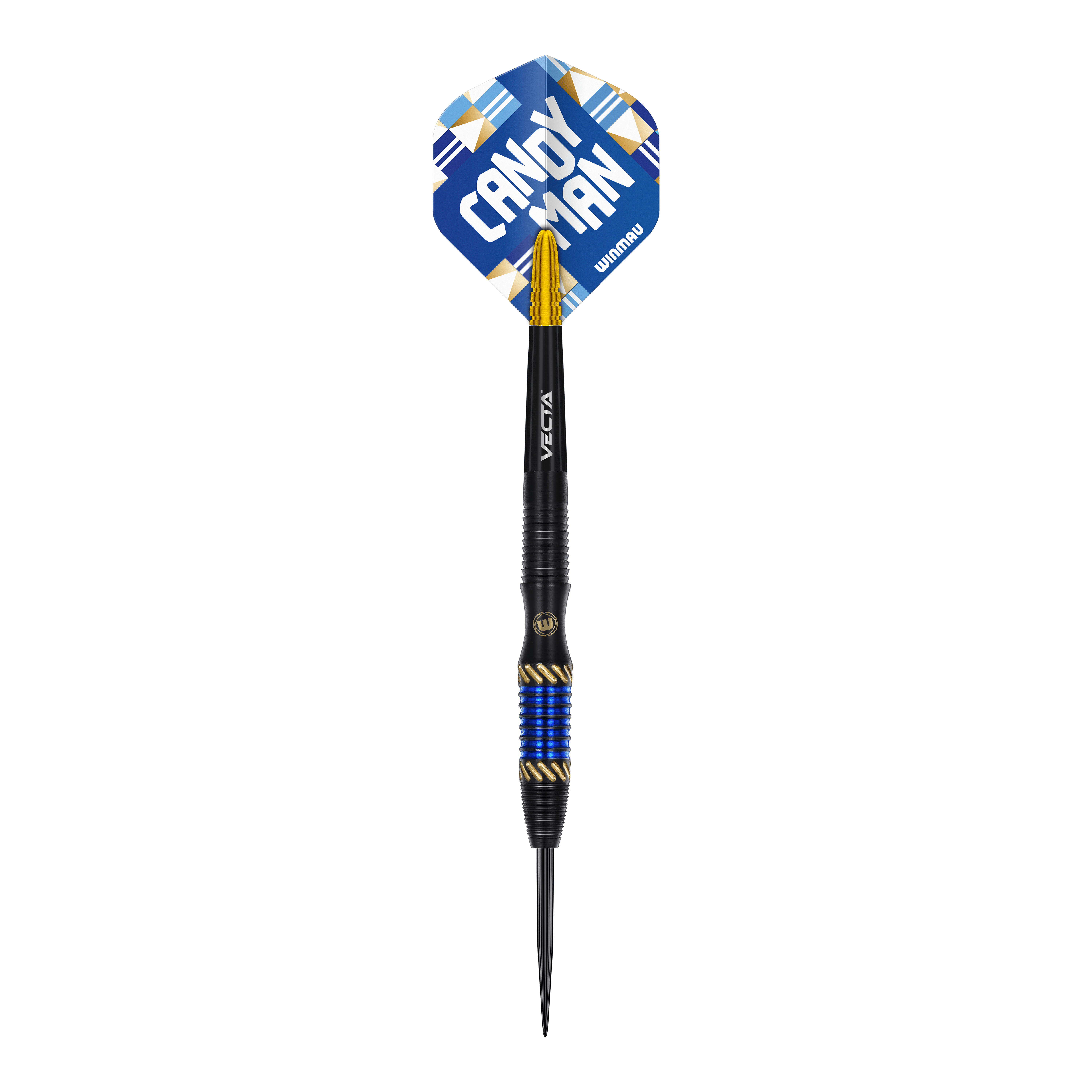 Das Bild zeigt einen Winmau Rashad Sweeting Steeldart mit 24g Gewicht. Der Dart hat blaue und goldene Akzente sowie eine Flight mit der Aufschrift "CANDY MAN".