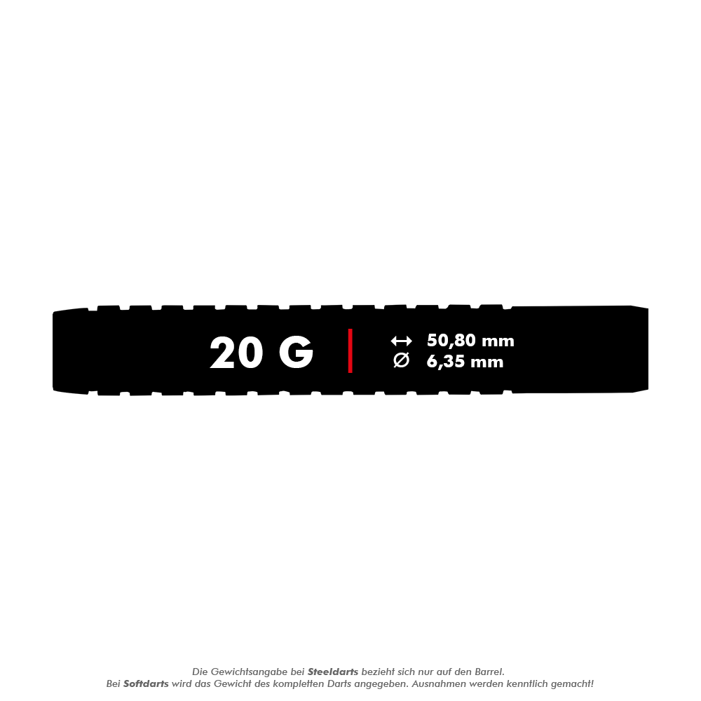 Winmau Foxfire Urban Soft Darts - 20g Das Bild zeigt die Produktangaben der Winmau Foxfire Urban Softdarts mit einem Gewicht von 20 Gramm. Die Länge beträgt 50,80 mm und der Durchmesser 6,35 mm.