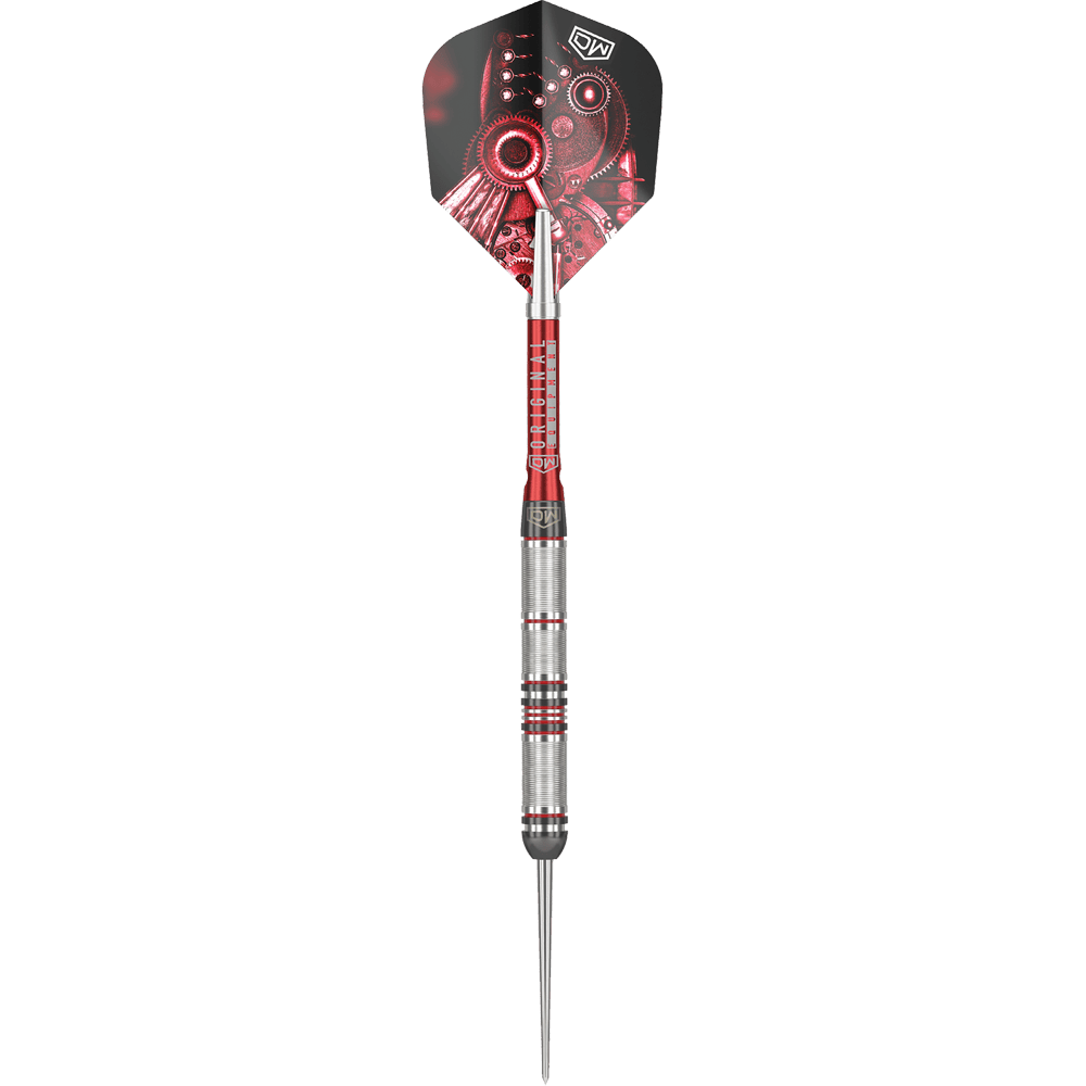DW Piranha Razor 01 steel darts Das Bild zeigt den Steeldart "DW Piranha Razor 01". Der Dart hat ein silbernes Griffstück mit roten Akzenten und eine Flight mit mechanischem Design.