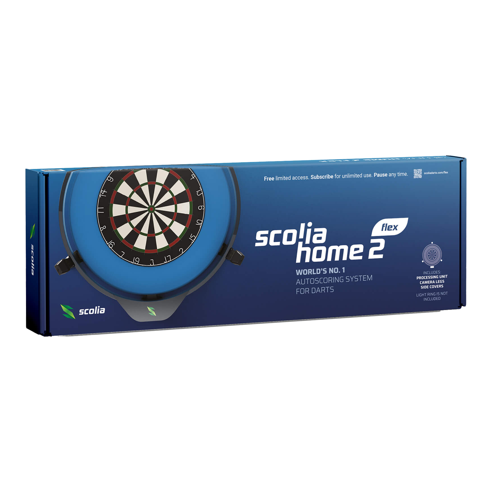 Scolia Home 2 FLEX - Electronic Autoscoring System 2026 Das Bild zeigt die Verpackung des Produkts "Scolia Home 2 FLEX – Elektronisches Punktesystem". Es ist ein automatisches Auswertungssystem für Darts.