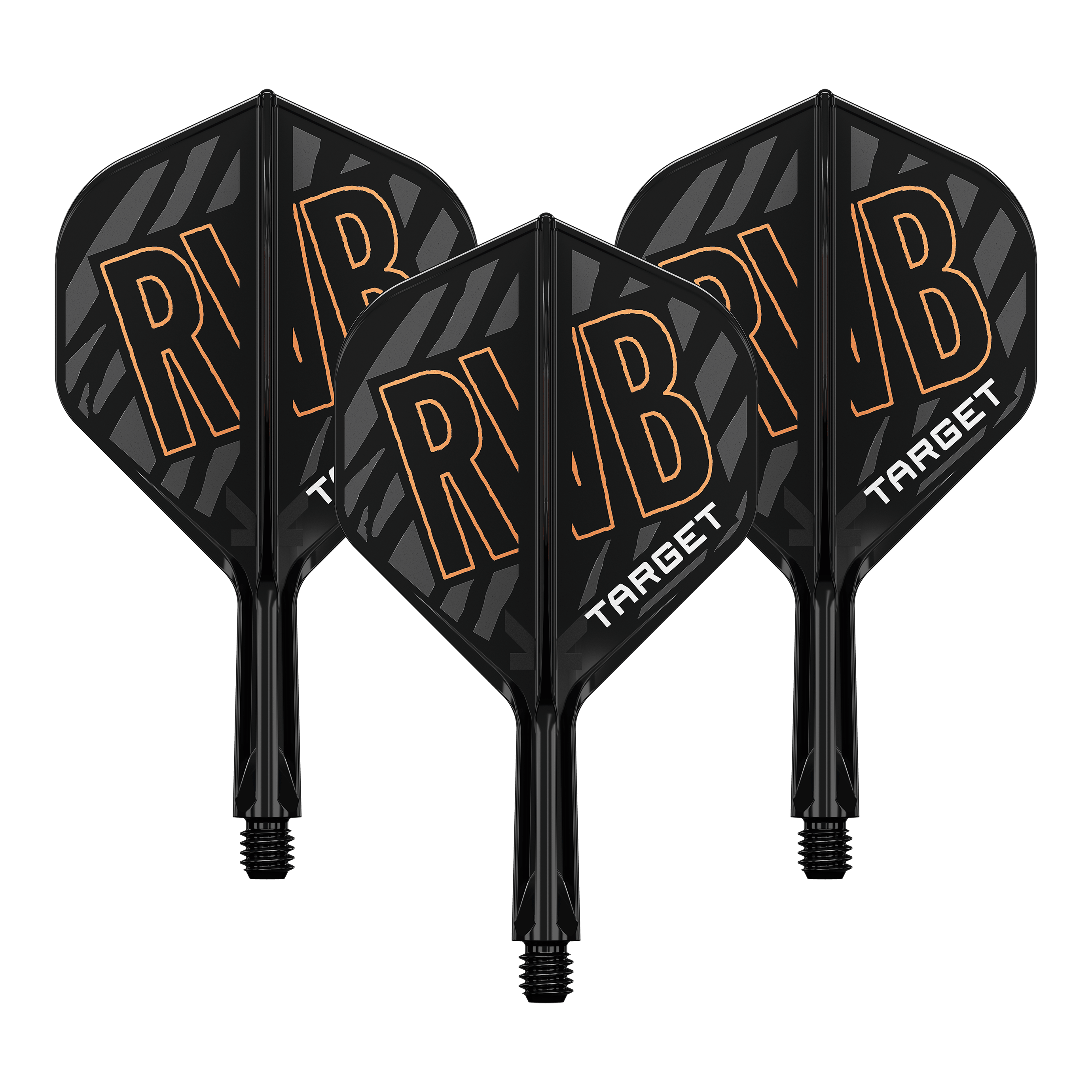 Target K-Flex Raymond Van Barneveld No2 Standard Flight Shaft System Auf dem Bild sind drei schwarze Dart Flights mit dem orangefarbenen Schriftzug "RVB" zu sehen. Unten auf den Flights steht in weißer Schrift das Wort "TARGET".
