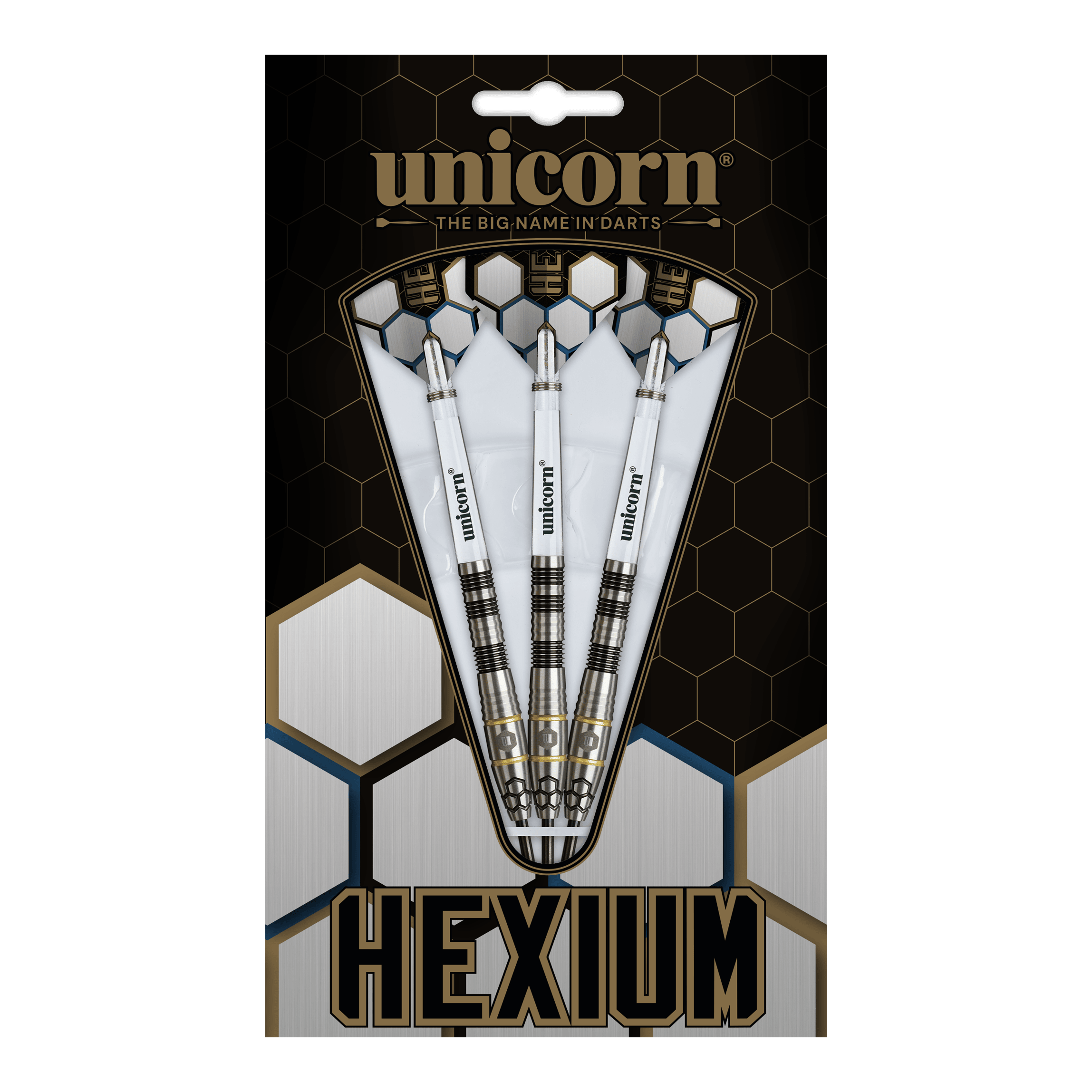 Unicorn Hexium Style 01 Black & Gold Steeldarts sind auf diesem Bild abgebildet. Die Abbildung zeigt die schwarzen und goldenen Steeldarts in Nahaufnahme.