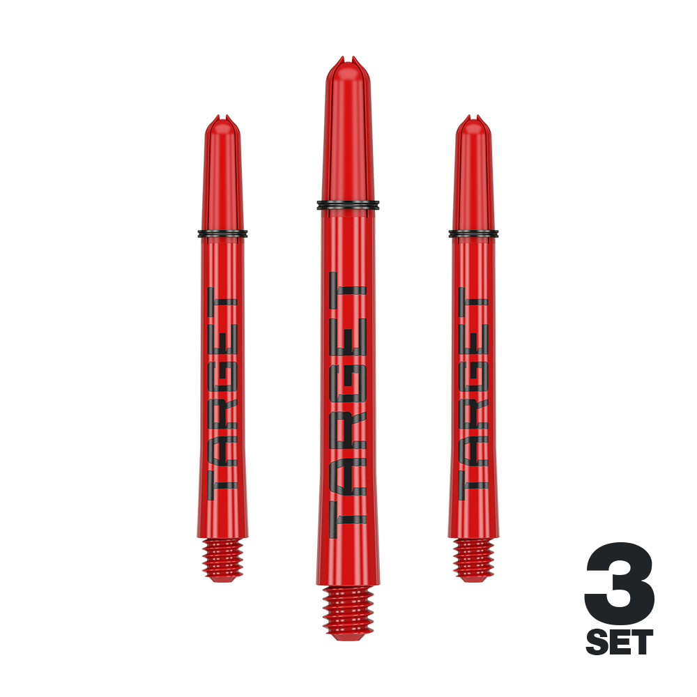 Target Pro Grip TAG Shafts - 3 Sets - Red Das Bild zeigt drei rote Dartschäfte mit der Aufschrift "TARGET". Unten rechts steht "3 SET", was auf ein Set mit drei Stück hinweist.