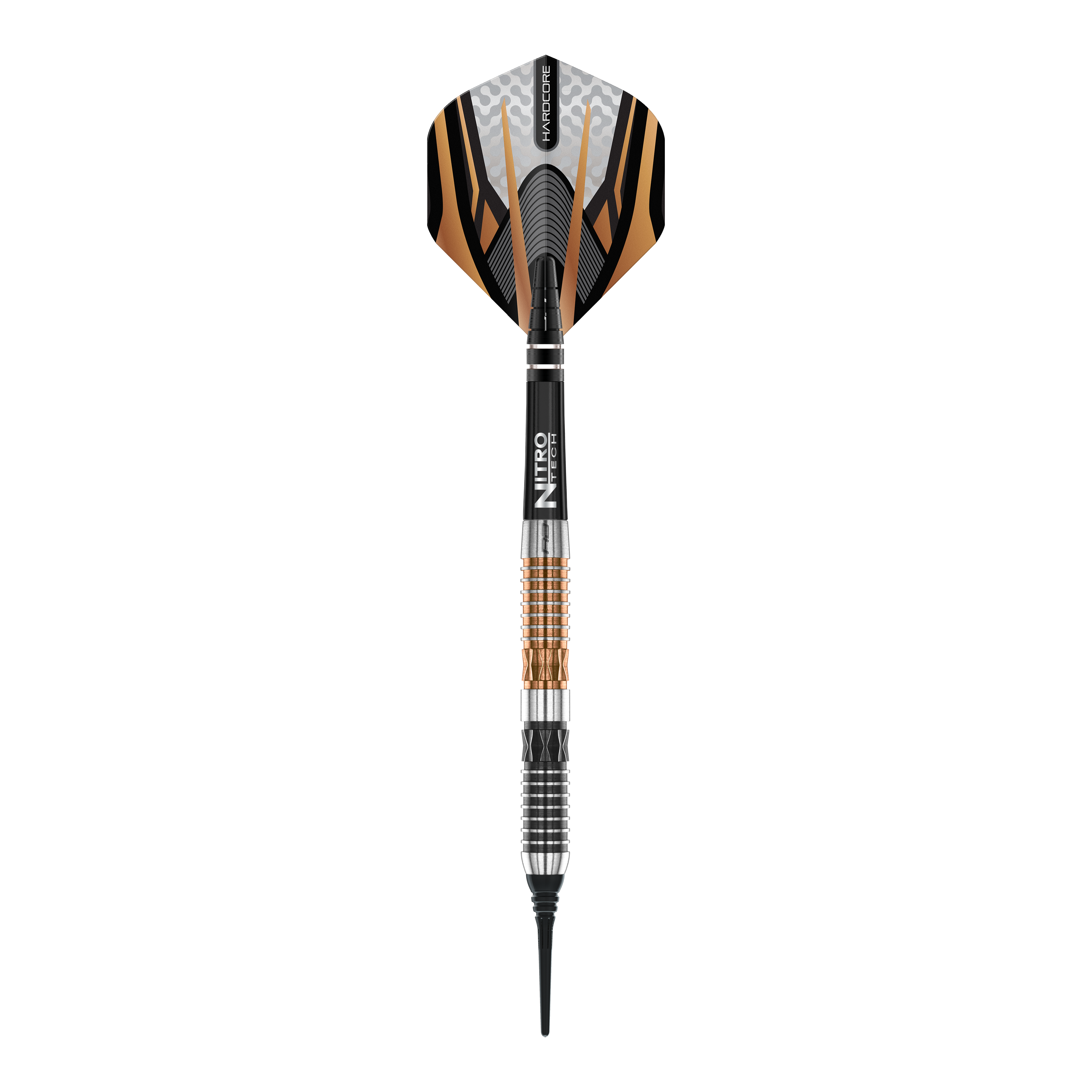 Red Dragon Panterra soft darts - 20g Das Bild zeigt einen Red Dragon Panterra Softdart mit einem Gewicht von 20g. Der Dart hat ein markantes Design mit schwarzen, goldenen und silbernen Elementen.