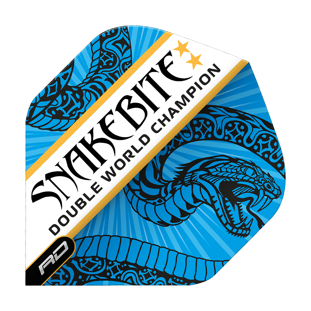 TF6705_Red_Dragon_Hardcore_Snakebite_Double_World_Champion_BlueWhite_Standard_Flights_12TKmzEYUjd8LQ Das Bild zeigt ein blau-weißes Dart-Flight mit dem Schriftzug „Snakebite Double World Champion“. Es ist verziert mit einem stilisierten Schlangenmotiv und goldenen Sternen.