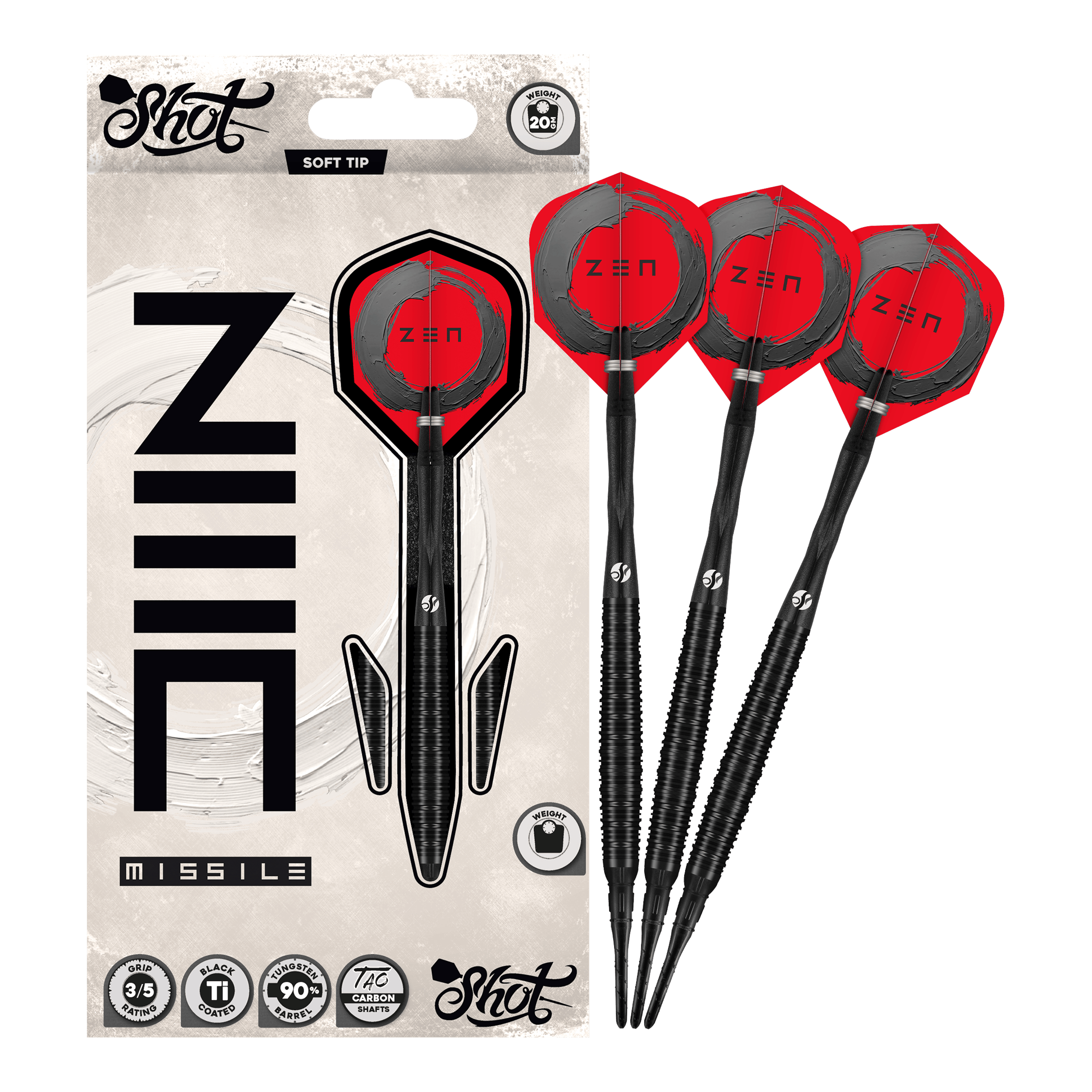 Shot ZEN Missile Soft Darts - 20g Auf dem Bild ist der vollständige Satz der Shot ZEN Missile Softdarts - 20g zu sehen. Diese Pfeile sind für anspruchsvolle Dartspieler konzipiert.