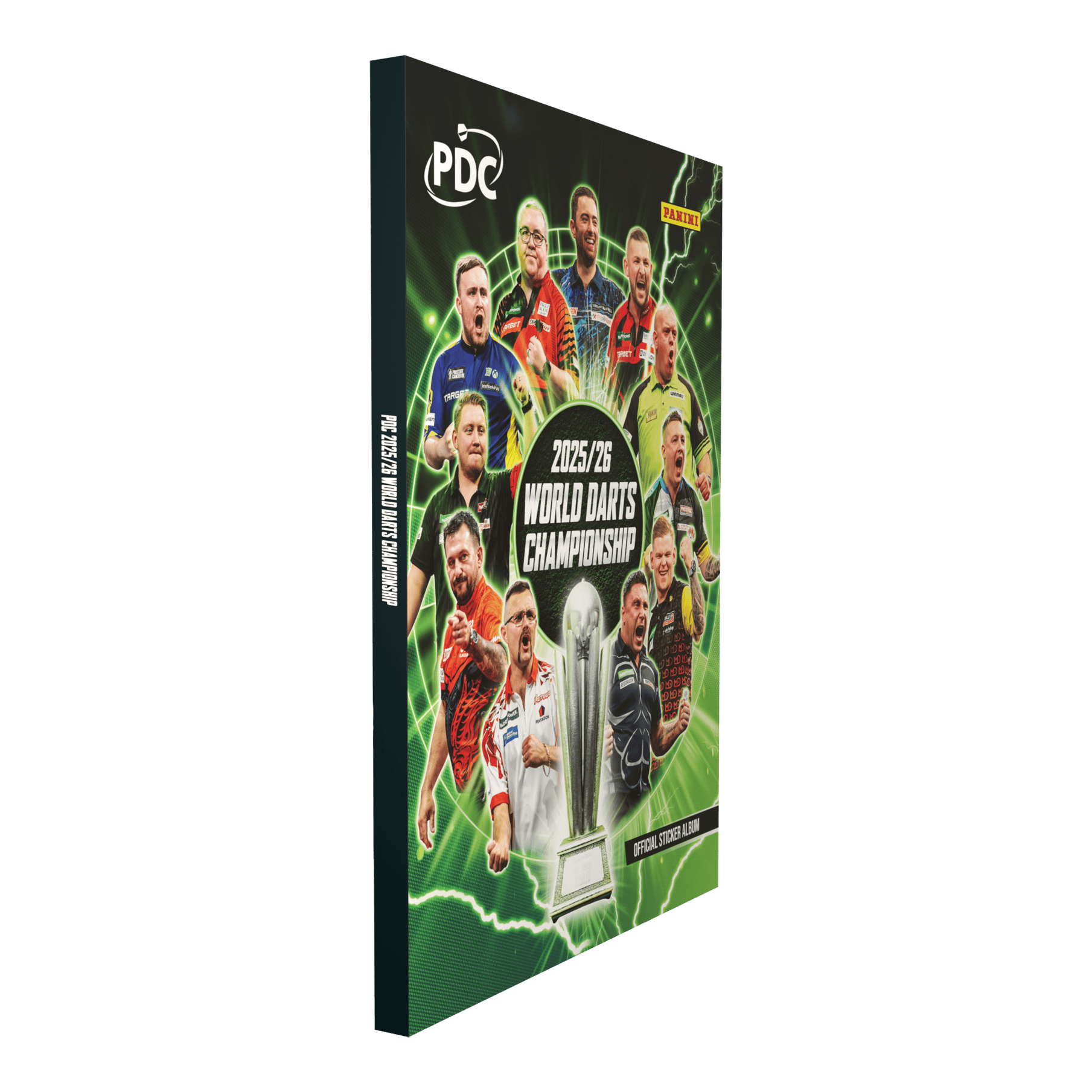 Panini PDC World Darts Championship 2025/26 - Hardcover Bundle with a sticker box Das Bild zeigt das Panini PDC World Darts Championship 2025/26 Official Sticker Hardcover Sammelalbum. Das stabile Album ist perfekt zum Aufbewahren und Präsentieren der gesammelten Sticker geeignet.