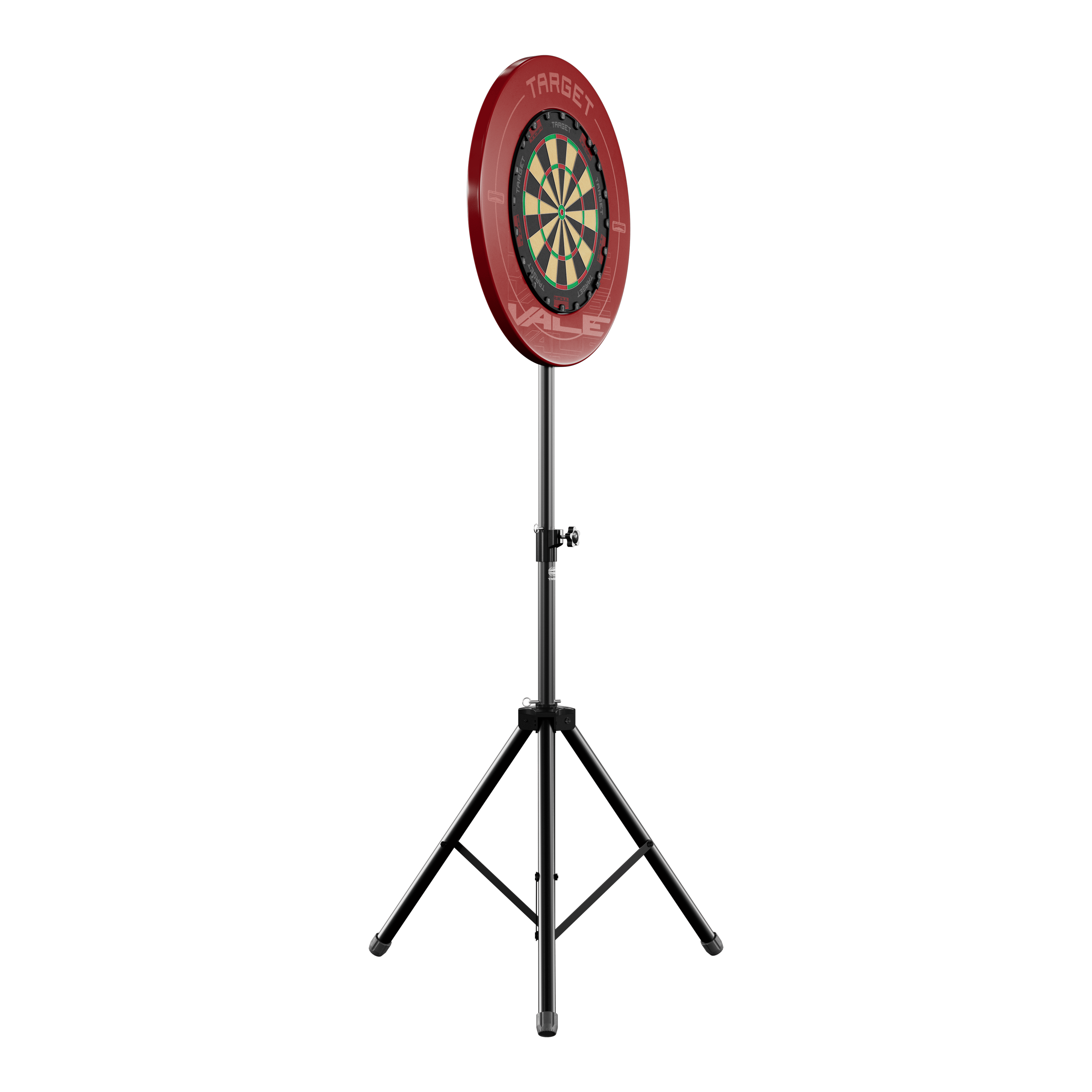 Das Bild zeigt einen Dartboard-Ständer mit einer runden Dartscheibe und rotem Auffangring. Der Ständer hat drei stabile Beine und ist höhenverstellbar.