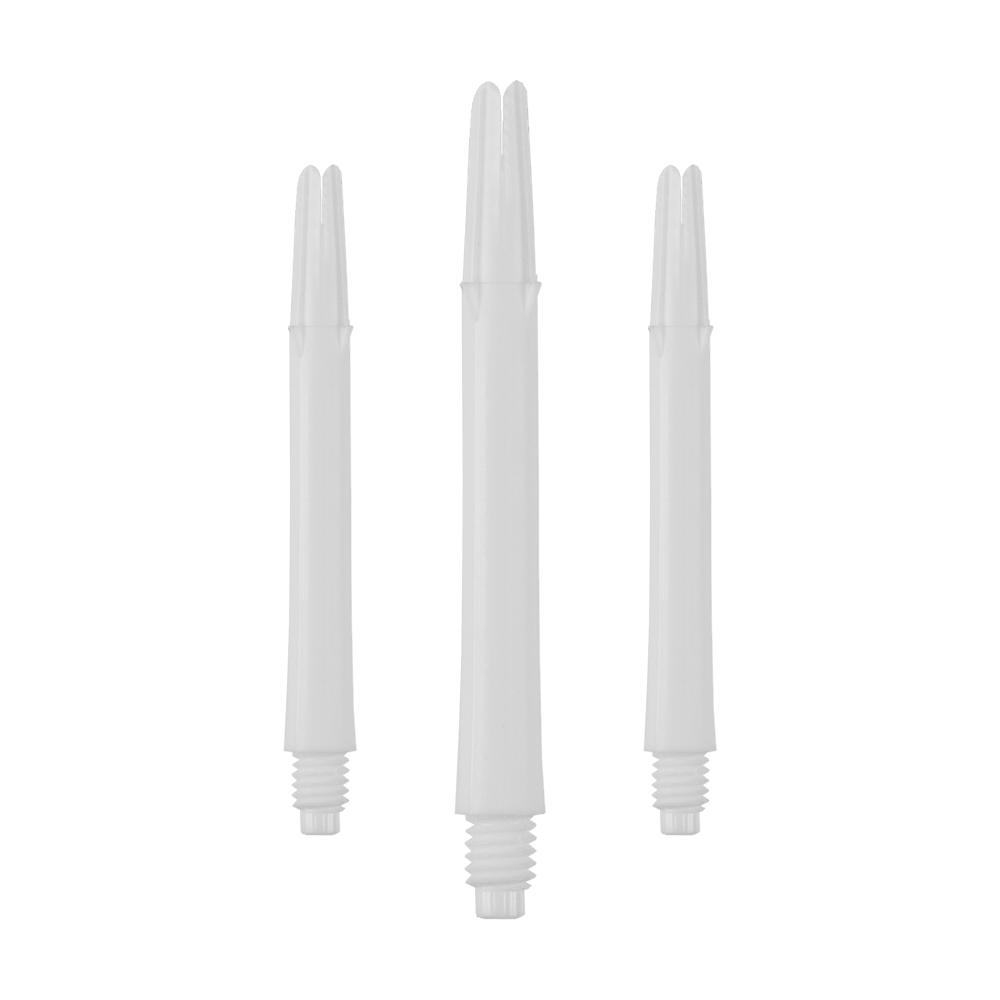 L-L-Style-Shafts Locked Straight - White Das Bild zeigt drei weiße, gerade Dartschäfte mit Gewinde. Sie stehen aufrecht und sind ohne Kappen dargestellt.