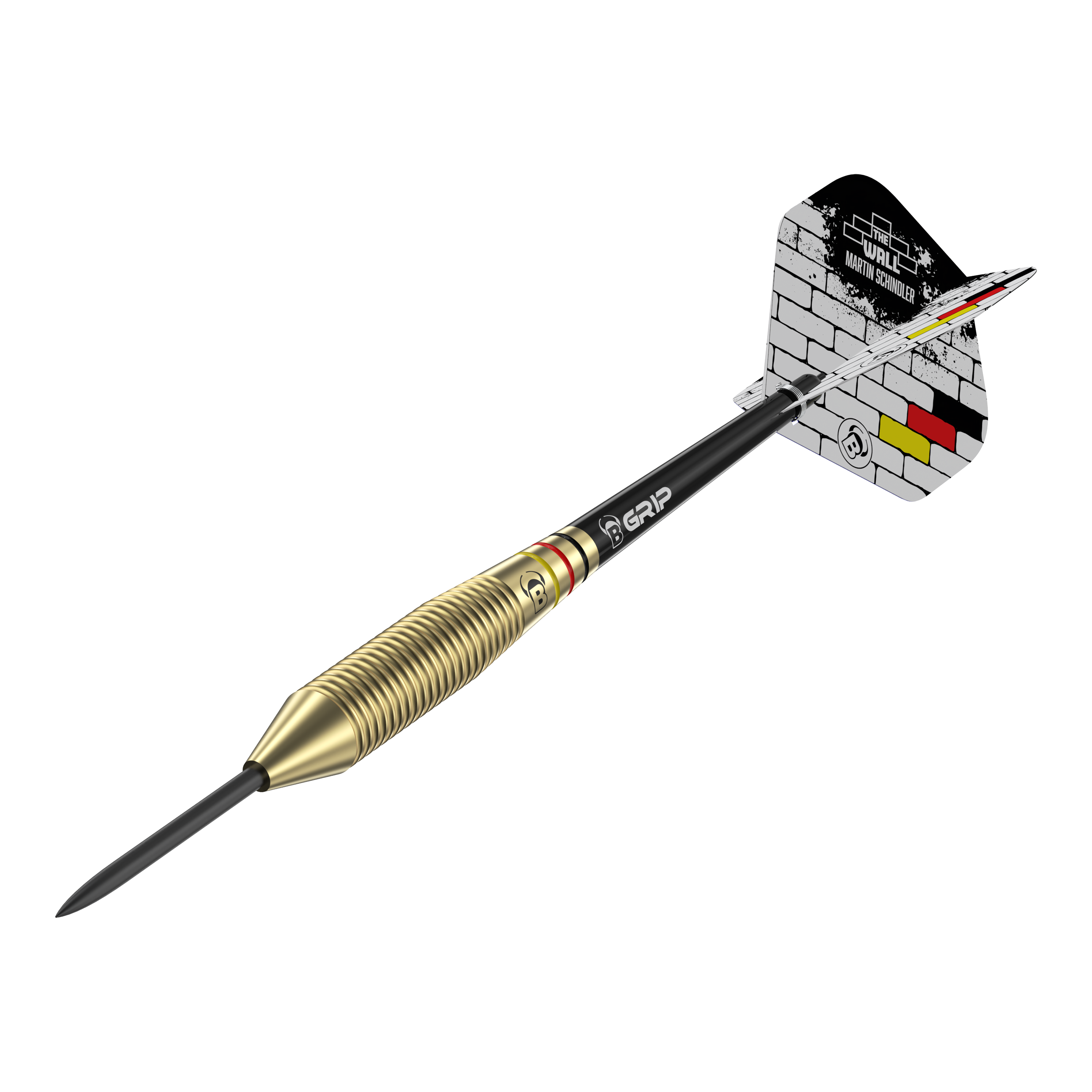 Bulls Martin Schindler The Wall Brass Steeldarts Das Bild zeigt einen Steeldart mit messingfarbenem Griff und schwarzem Schaft. Auf dem Flight steht "The Wall Martin Schindler" vor einem gemauerten Hintergrund mit den Farben der deutschen Flagge.