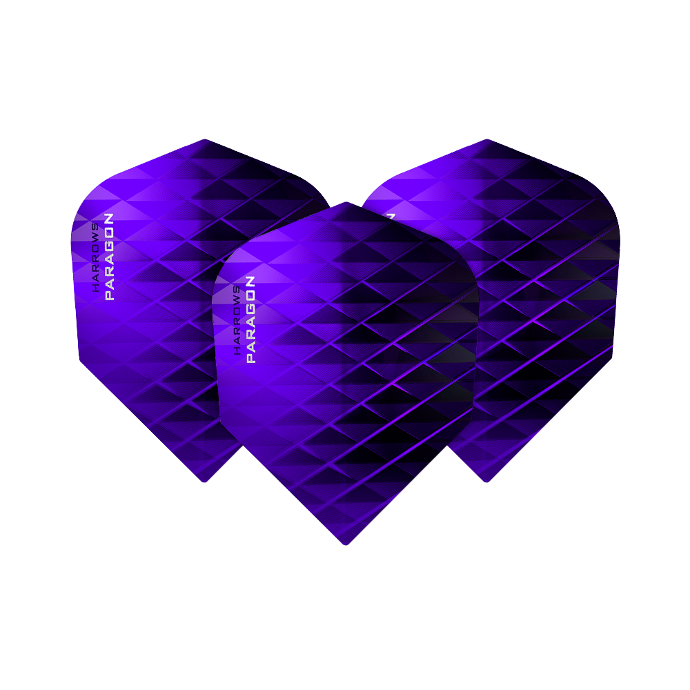 HR7603_Harrows_Paragon_Purple_No2_Standard_Flights_1A9KfSvdxnDNt3 Das Bild zeigt drei Harrows Paragon Purple No2 Standard Flights. Sie sind in einem leuchtenden Lila mit einem geometrischen Muster gestaltet.
