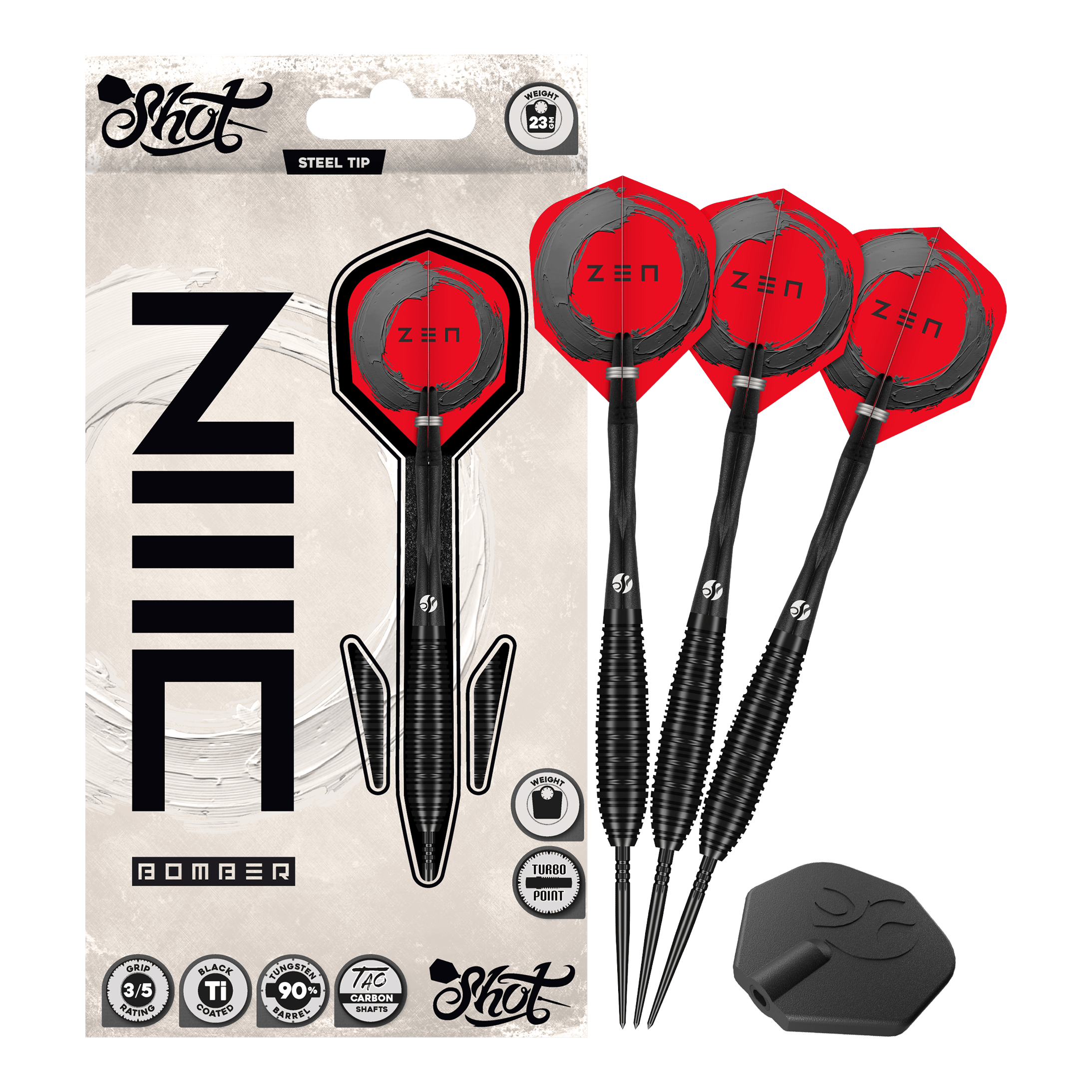 Shot ZEN Bomber Turbo Point steel darts Auf dem Foto ist das Set Shot ZEN Bomber Turbo Point Steeldarts vollständig abgebildet. Dieses Set enthält alle notwendigen Darts für das Spiel.