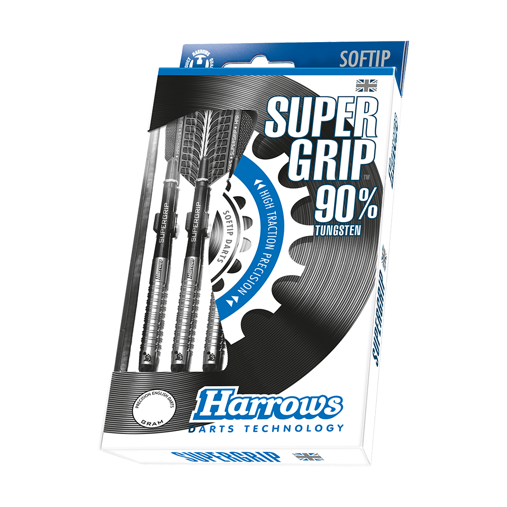 HA11810-Harrows-Supergrip-90-Softdarts-3-4-Plastikbox Auf dem Bild ist eine Packung Harrows Supergrip 90% Softdarts zu sehen. Die Darts bestehen zu 90% aus Tungsten und sind für Präzision und hohen Grip entwickelt.