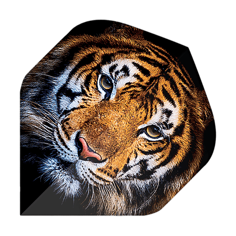 Pentathlon Flights Tiger Das Bild zeigt einen Dartflug mit dem Motiv eines realistisch gezeichneten Tigerkopfes. Es handelt sich um das Produkt "Pentathlon Tiger No2 Standard Flights".