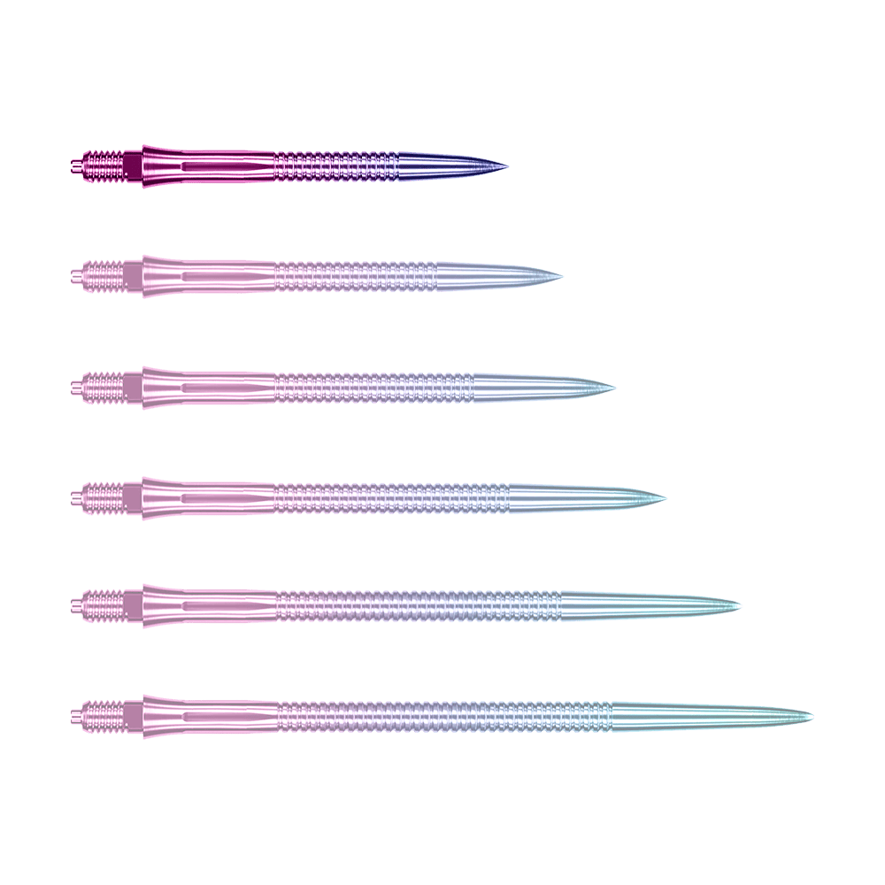 Caliburn EZ-EVO dart tips - Grooved - Rainbow Das Bild zeigt eine einzelne EVO205 Caliburn EZ-EVO Dartspitze Grooved Rainbow 28mm. Die Spitze hat eine auffällige Regenbogenfarbe und eine gerillte Oberfläche.