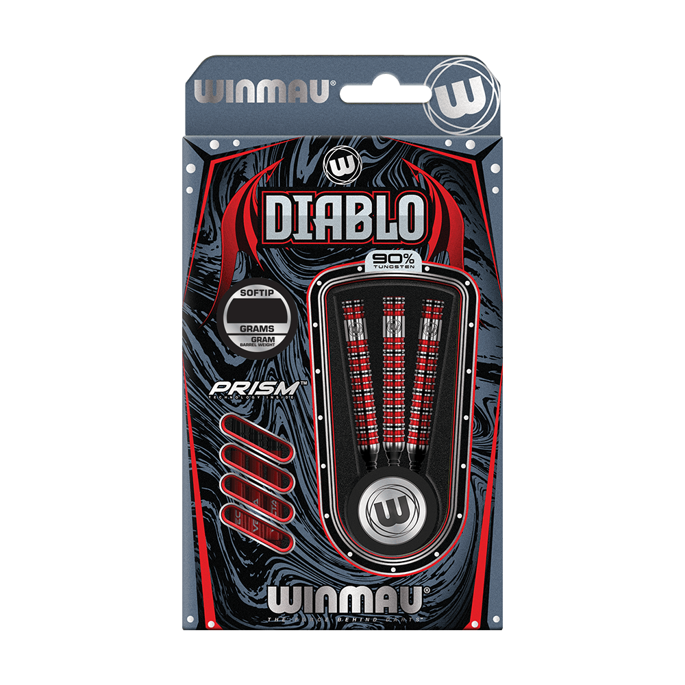 2463_Winmau_Diablo_Parallel_Softdarts_3 Die Abbildung zeigt die Verpackung der Winmau Diablo Parallel Softdarts mit 20 Gramm Gewicht. Die Darts sind überwiegend schwarz und rot gestaltet und bestehen zu 90 % aus Tungsten.