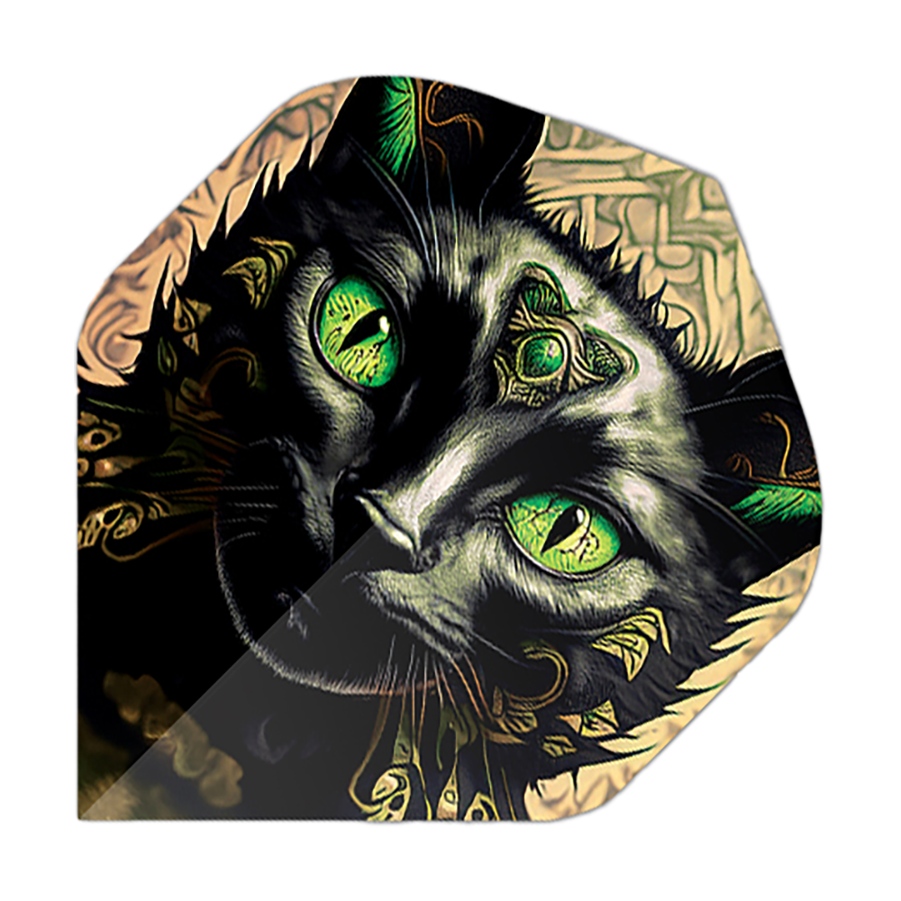 Pentathlon Flights Cat Das Bild zeigt ein Dartflight mit dem Motiv eines schwarzen Katers mit leuchtend grünen Augen. Die Details und Ornamente auf dem Katzenkopf geben dem Flight ein auffälliges, künstlerisches Design.