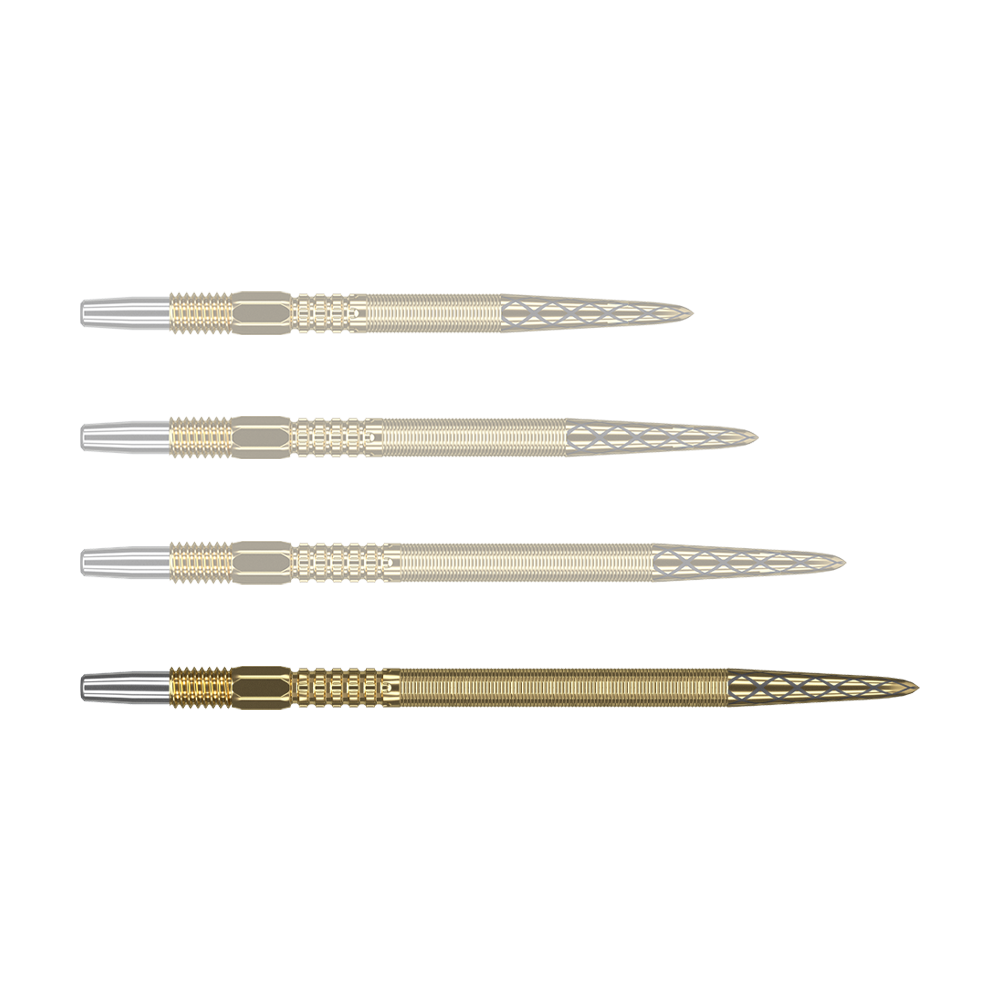 Target Swiss Point DX dart tips - gold Auf dem Bild sind vier goldfarbene Dartspitzen mit silbernem Ansatz zu sehen. Die Spitzen haben ein feines, rautenförmiges Muster am vorderen Ende.
