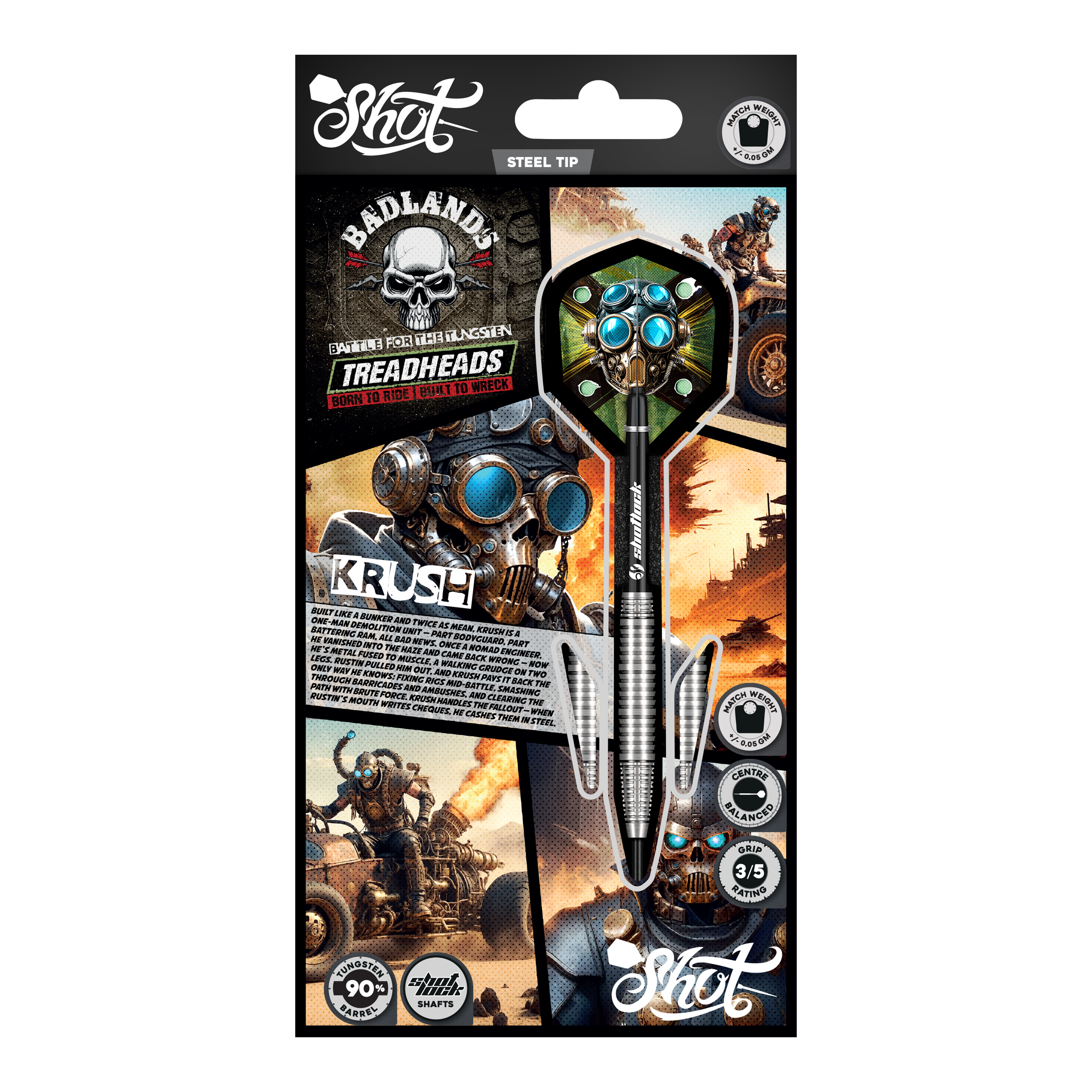 Abgebildet sind die Shot Badlands Krush Steeldarts. Diese Steeldarts sind für ein exaktes Spiel konzipiert.