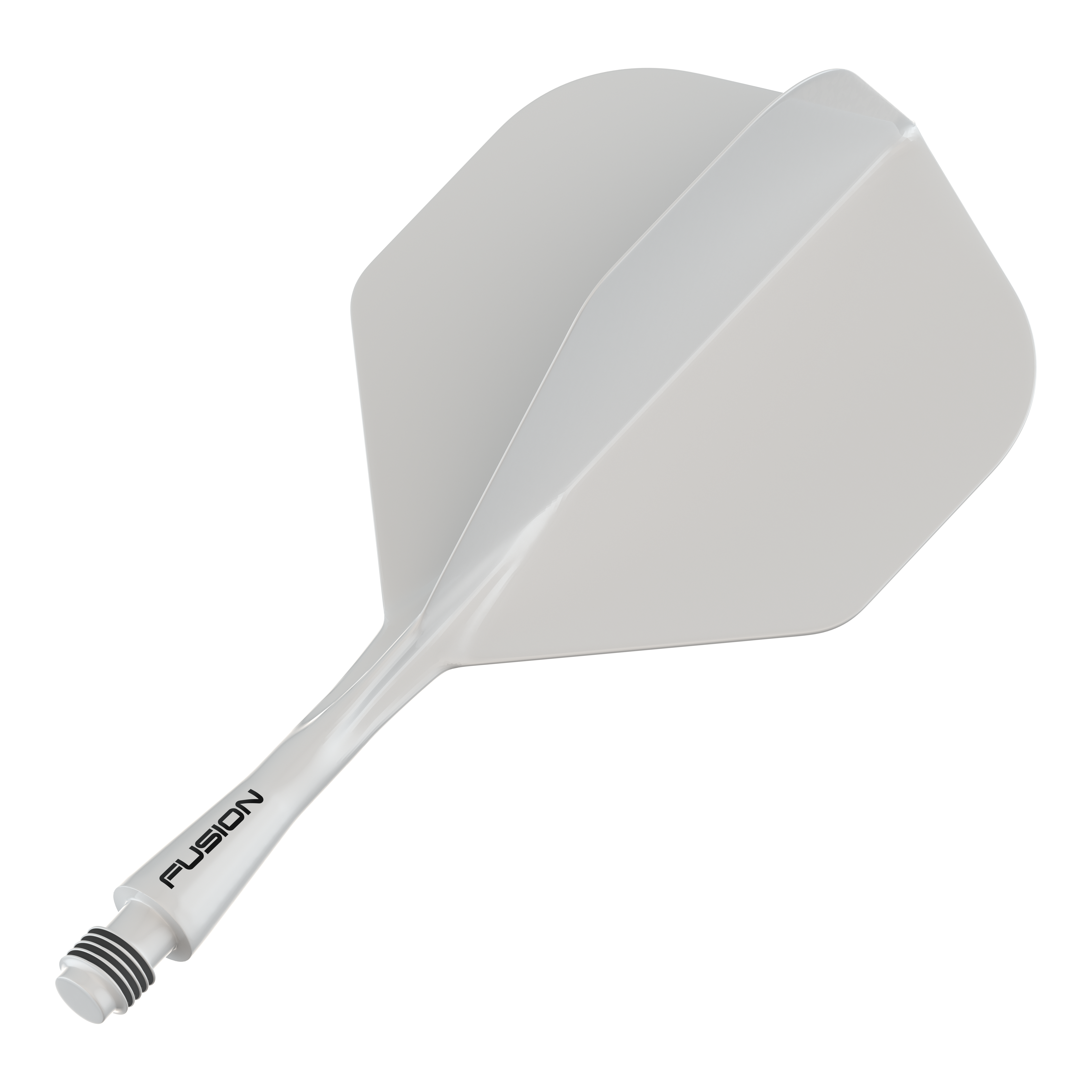 Winmau Fusion Flight Shaft System Standard White Das Bild zeigt ein weißes Dartflug- und Schaftsystem. Auf dem Schaft ist das Wort "FUSION" zu sehen.