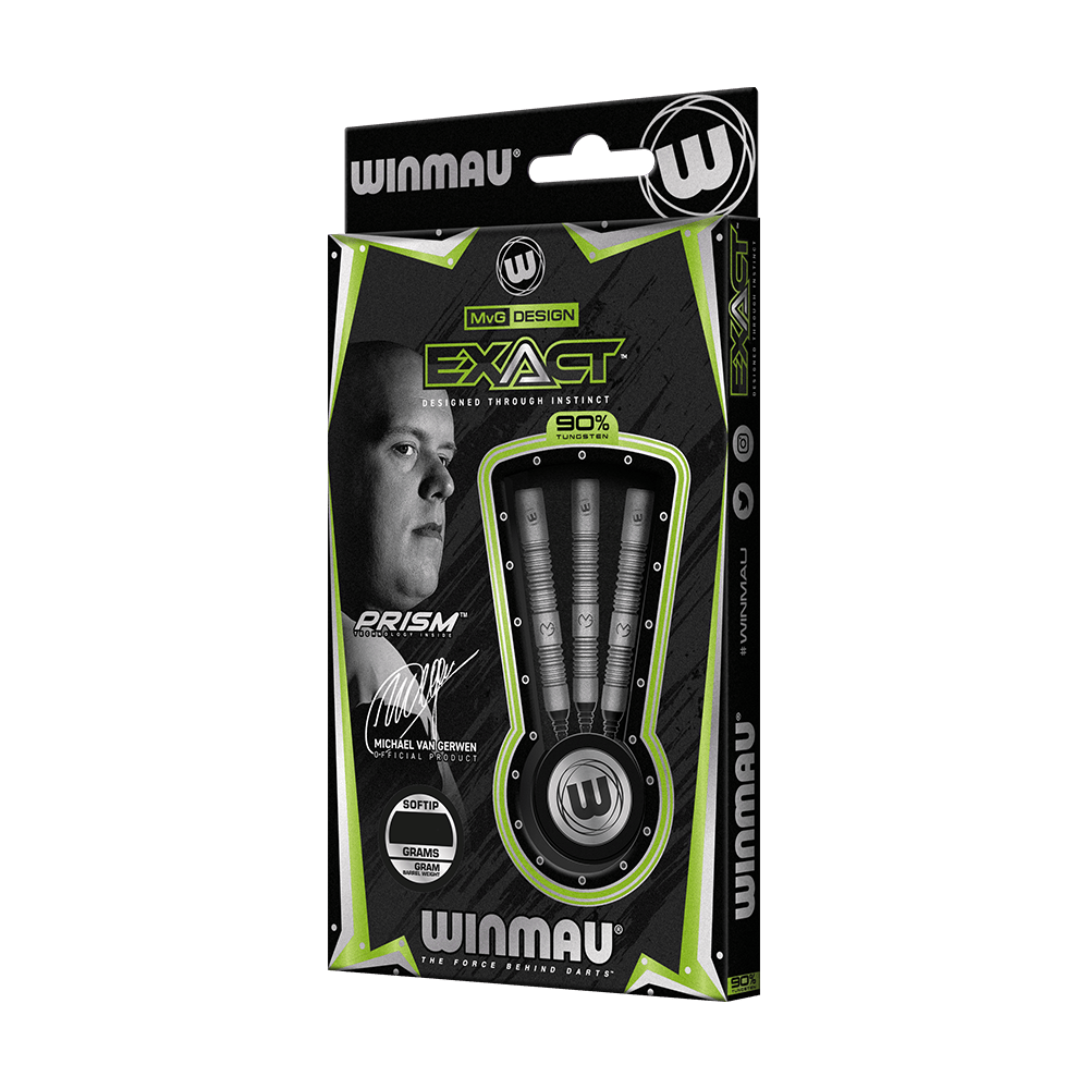2448_Winmau_Michael_Van_Gerwen_Exact_Softdarts_3 Die Abbildung zeigt die Verpackung der "Winmau Michael Van Gerwen Exact Softdarts". In der Packung sind drei hochwertige Softdarts mit 90% Tungsten-Anteil enthalten.