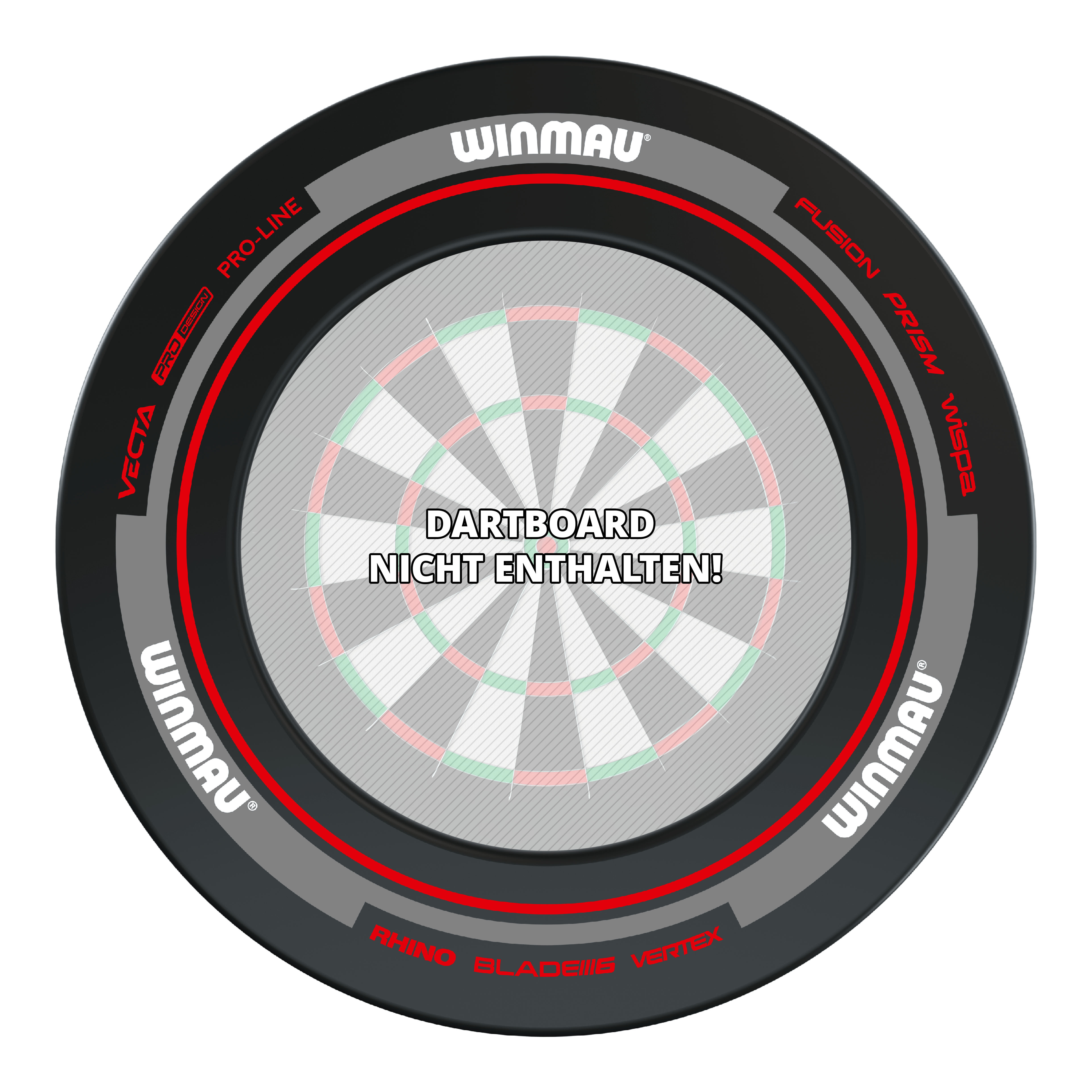 Winmau Advance Dartboard Surround - Black Red Das Bild zeigt das Produkt "Winmau Advance Dartboard Surround" in Schwarz und Rot. In der Mitte steht der Hinweis: "Dartboard nicht enthalten!"