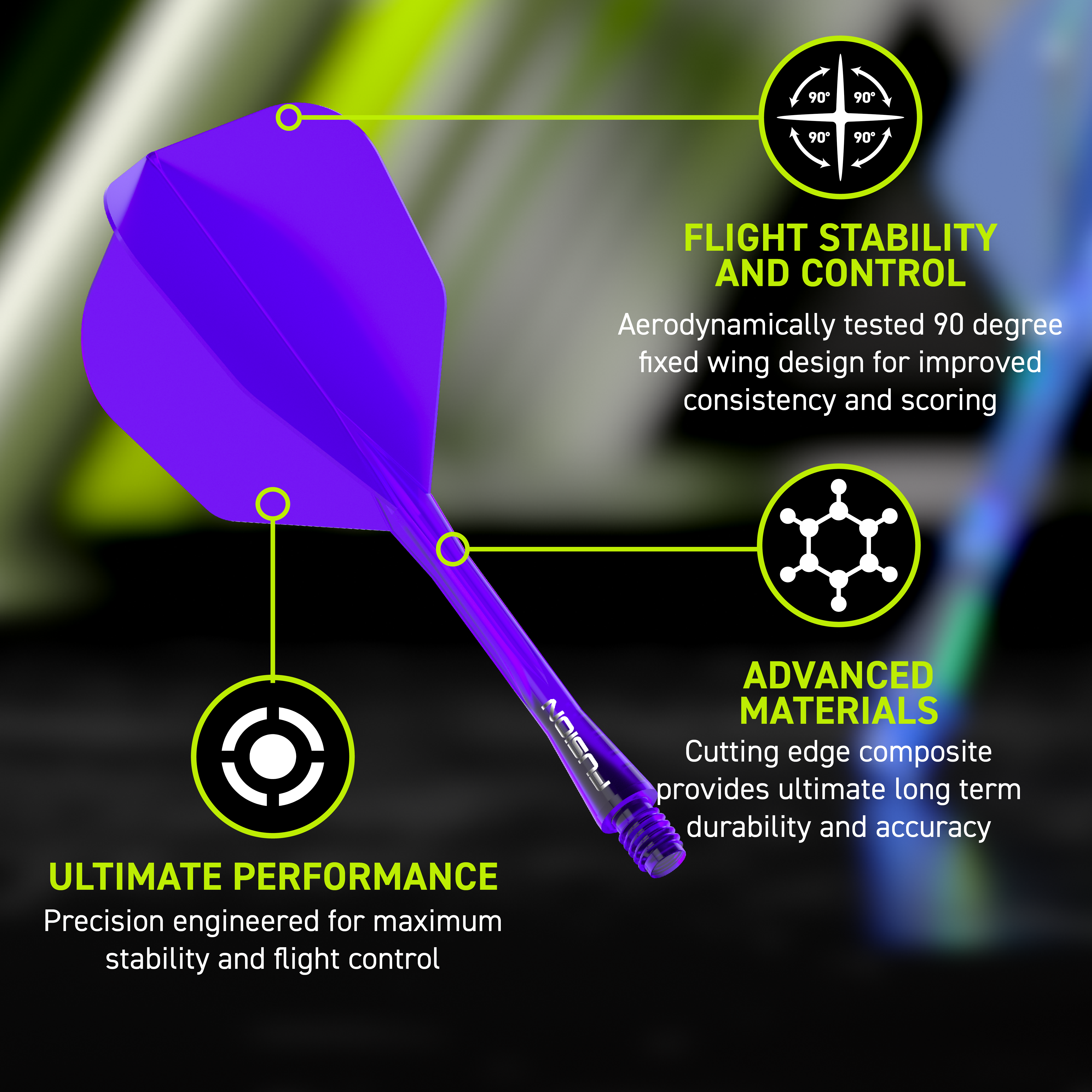 Winmau Fusion Flight Shaft System No6 Purple Das Bild zeigt das Winmau Fusion Flight-Shaft-System No6 in Lila. Es verbessert die Flugeigenschaften von Dartpfeilen.