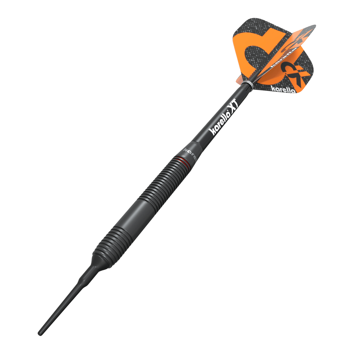 Karella Daniel Klose soft darts Auf dem Bild ist der Karella Daniel Klose Softdart zu sehen. Der Dartpfeil hat ein schwarzes Gehäuse mit orangenen Flights und dem Karella-Logo.
