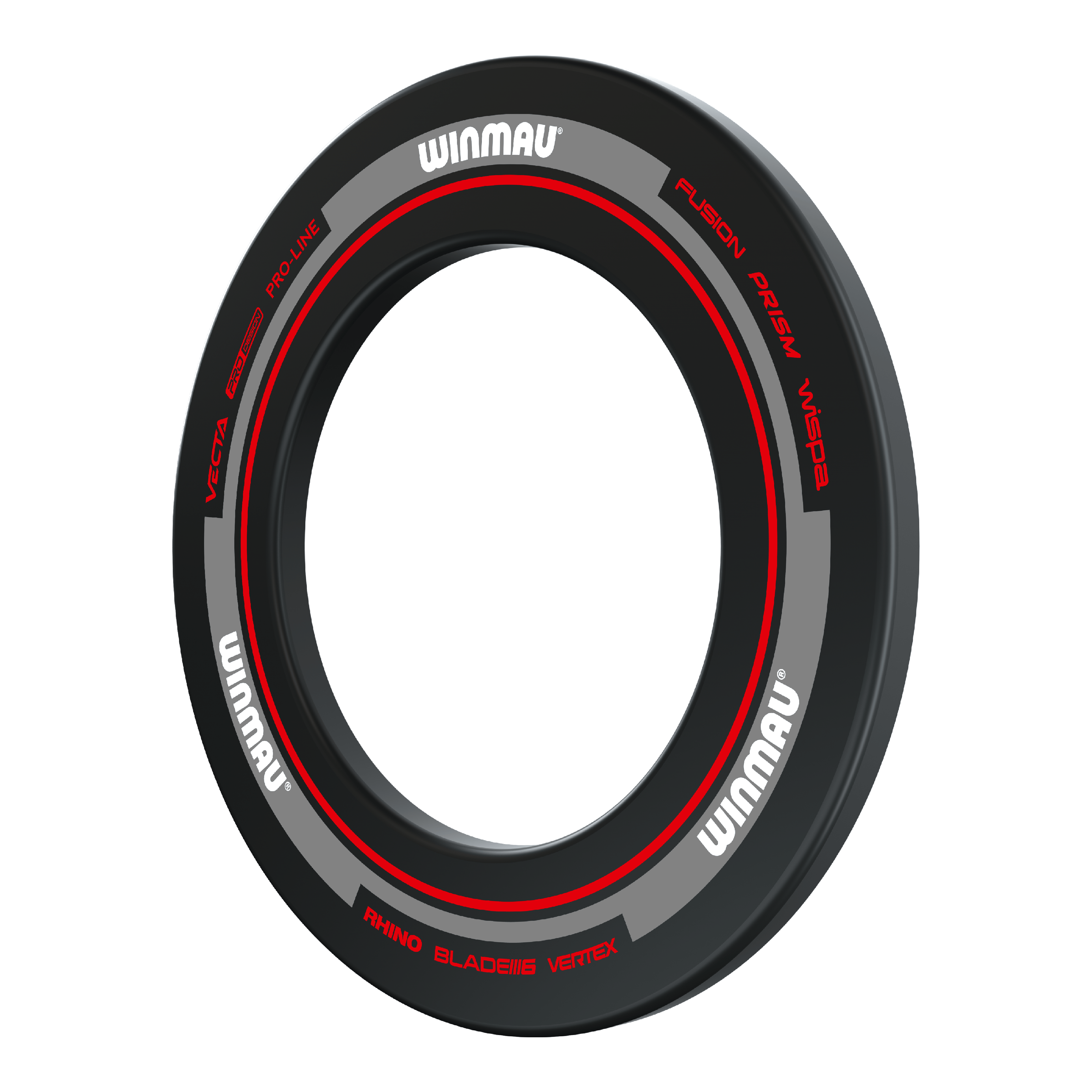 Winmau Advance Dartboard Surround - Black Red Das Bild zeigt das Winmau Advance Dartboard Surround in Schwarz und Rot. Es ist ein Schutzring, der um eine Dartscheibe gelegt wird, um die Wand vor Pfeilen zu schützen.