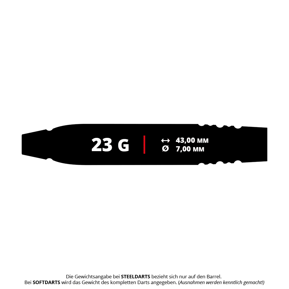 Das Bild zeigt die Angaben zum Produkt "Bulls Patrick Geeraets Steeldarts - 23g". Der Dart hat ein Gewicht von 23 Gramm, eine Länge von 43 mm und einen Durchmesser von 7 mm.