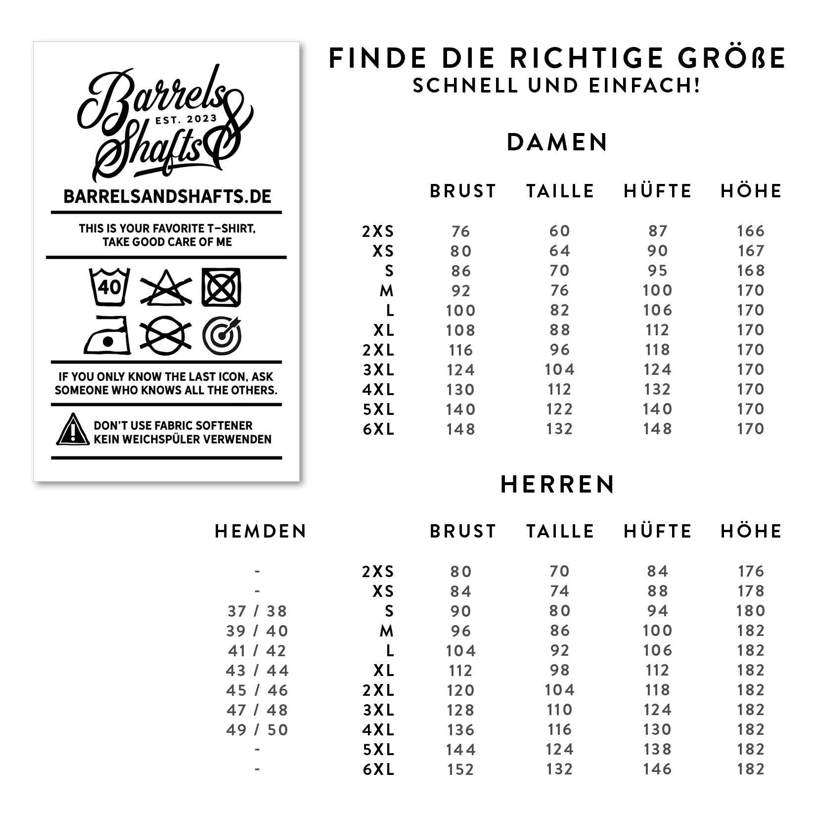 Barrels and Shafts Hoodie - Black Das Bild zeigt die Größentabelle für das Produkt "Barrels and Shafts Hoodie - Schwarz" für Damen und Herren. Links sind außerdem Pflegehinweise für das Produkt abgebildet.