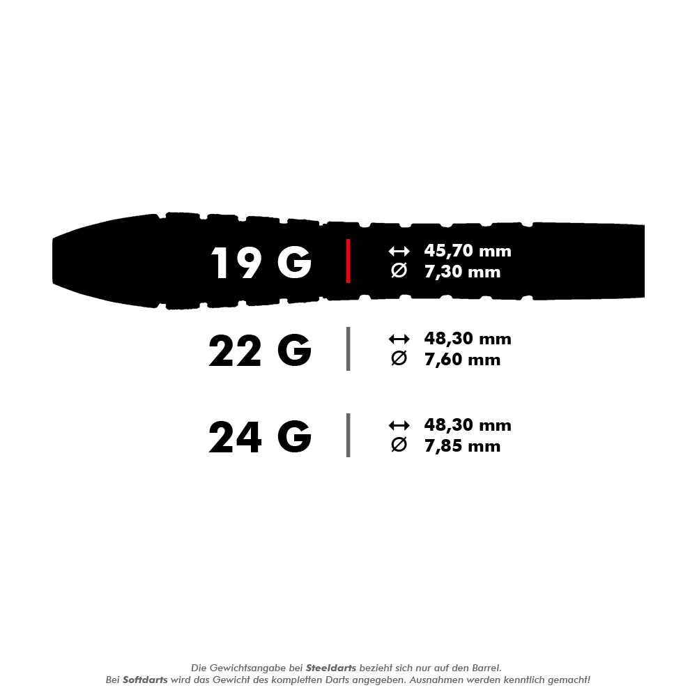 Winmau Dennis Priestley Diamond 3-Zero steel darts Das Bild zeigt die Maße und Gewichte von Steeldarts mit 19g, 22g und 24g. Für jede Gewichtsklasse sind die Länge und der Durchmesser des Barrels angegeben.