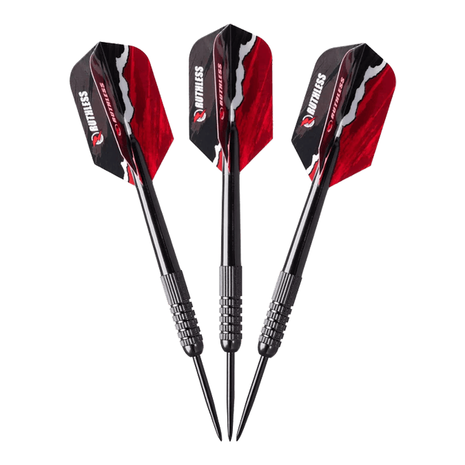 Ruthless Mini Desktop Dartboard Set Das Bild zeigt drei Darts aus dem Ruthless Mini Desktop Dartboard Set. Die Darts haben schwarze Spitzen und auffällige schwarz-rote Flights.