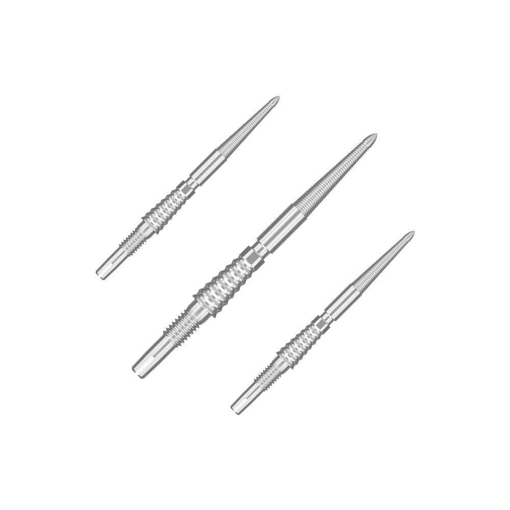 Target Swiss Storm LNC dart tips - silver Das Bild zeigt drei silberne Dartspitzen, die nebeneinander angeordnet sind. Sie haben eine geriffelte Struktur und sind aus Metall gefertigt.