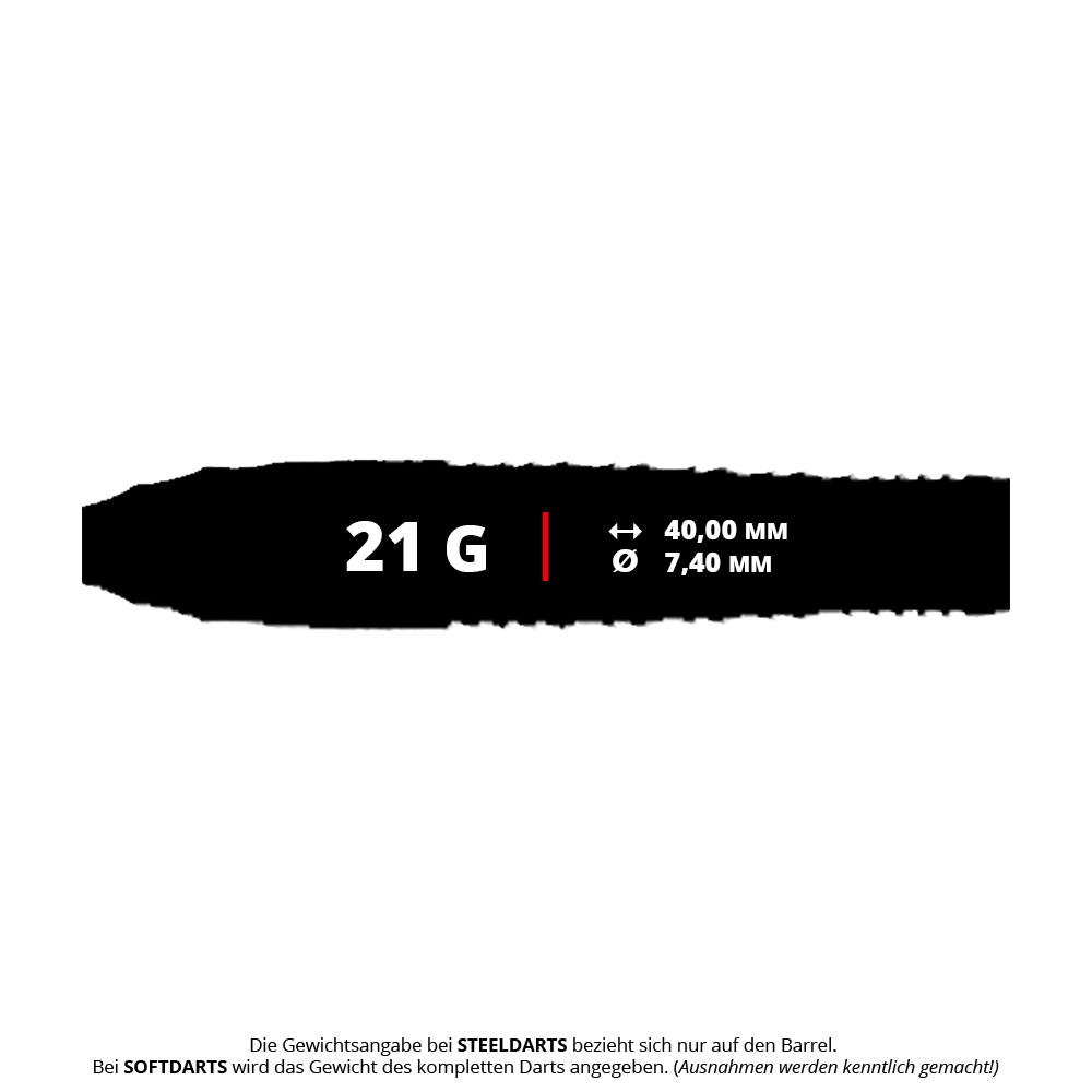 Caliburn Wolfpack W3 Steeldarts - 21g Das Bild zeigt die Produktdaten der Caliburn Wolfpack W3 Steeldarts mit einem Gewicht von 21 Gramm. Die Barrel-Länge beträgt 40,00 mm und der Durchmesser 7,40 mm.